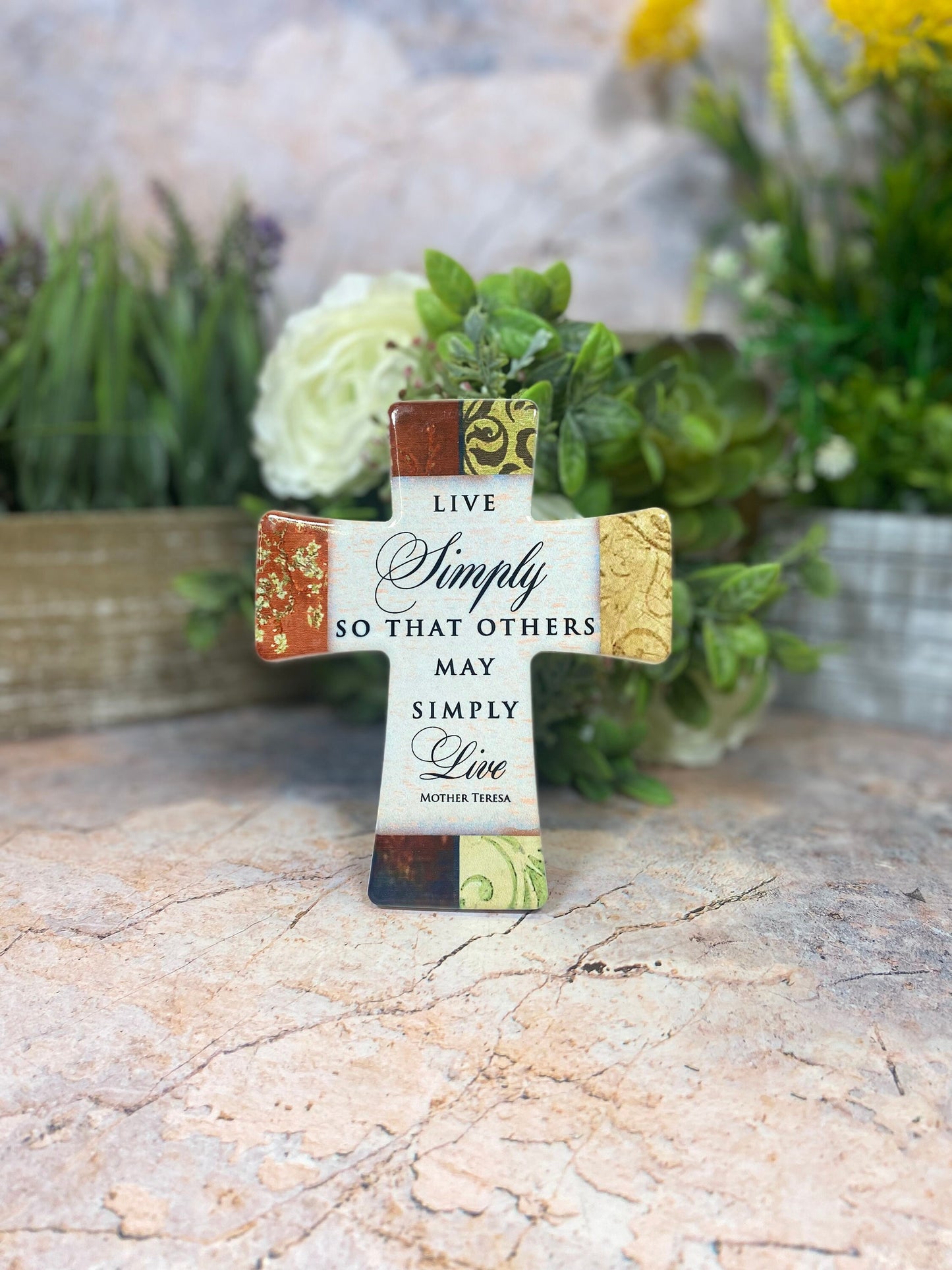 Porcelain Cross "Live Simply" | Mother Teresa Quote | Spiritual Home Decor Timeless Christian Keepsake | Inspirational Centrepiece-Osiris Craftworks