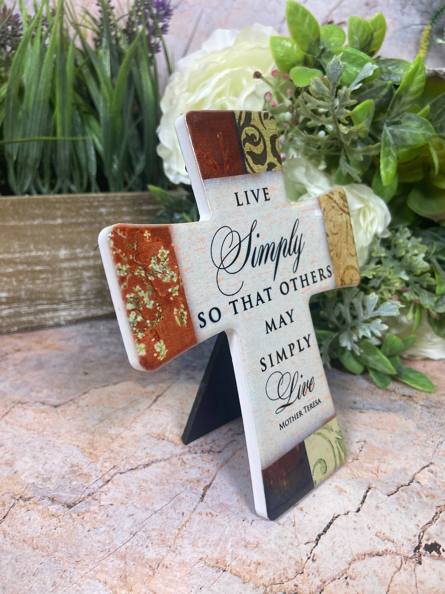 Porcelain Cross "Live Simply" | Mother Teresa Quote | Spiritual Home Decor Timeless Christian Keepsake | Inspirational Centrepiece-Osiris Craftworks