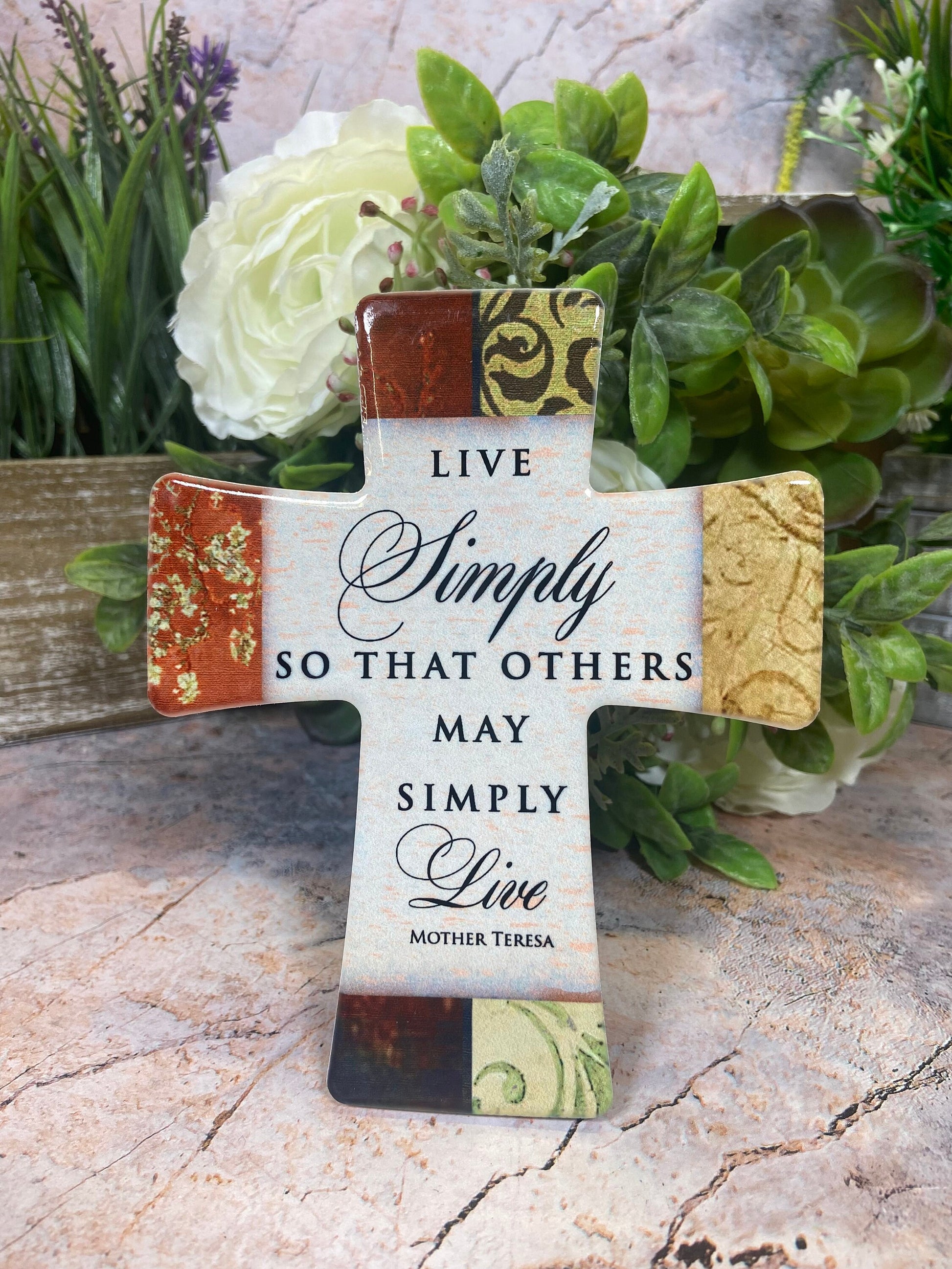 Porcelain Cross "Live Simply" | Mother Teresa Quote | Spiritual Home Decor Timeless Christian Keepsake | Inspirational Centrepiece-Osiris Craftworks