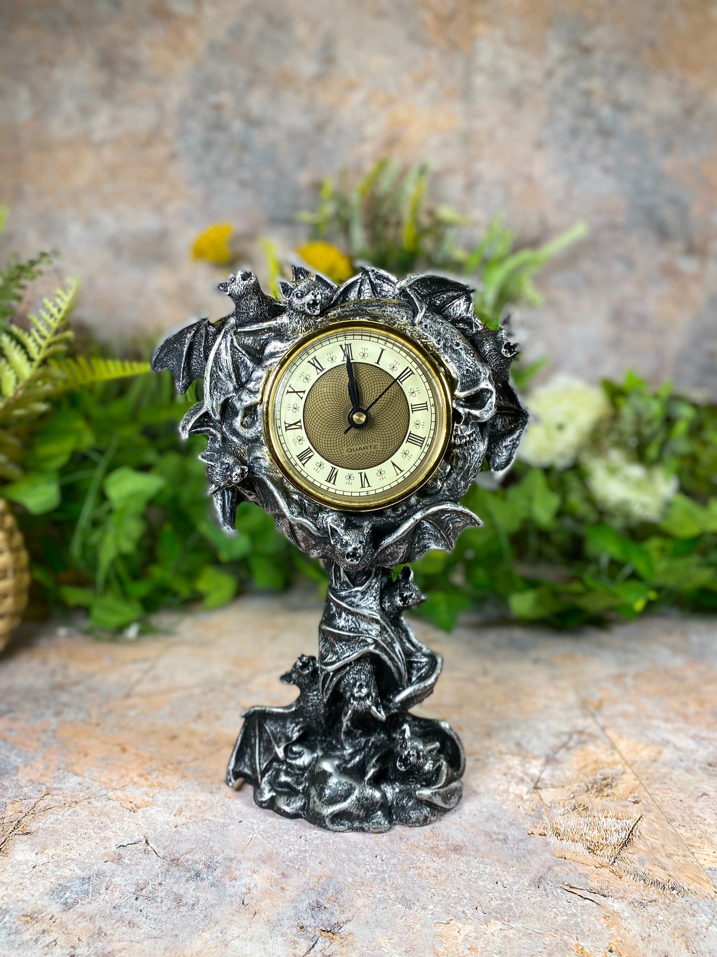 Gothic Resin Silver Bats Clock 25 cm Tall - Handcrafted, Spooky Decor Halloween Ornament-Osiris Craftworks