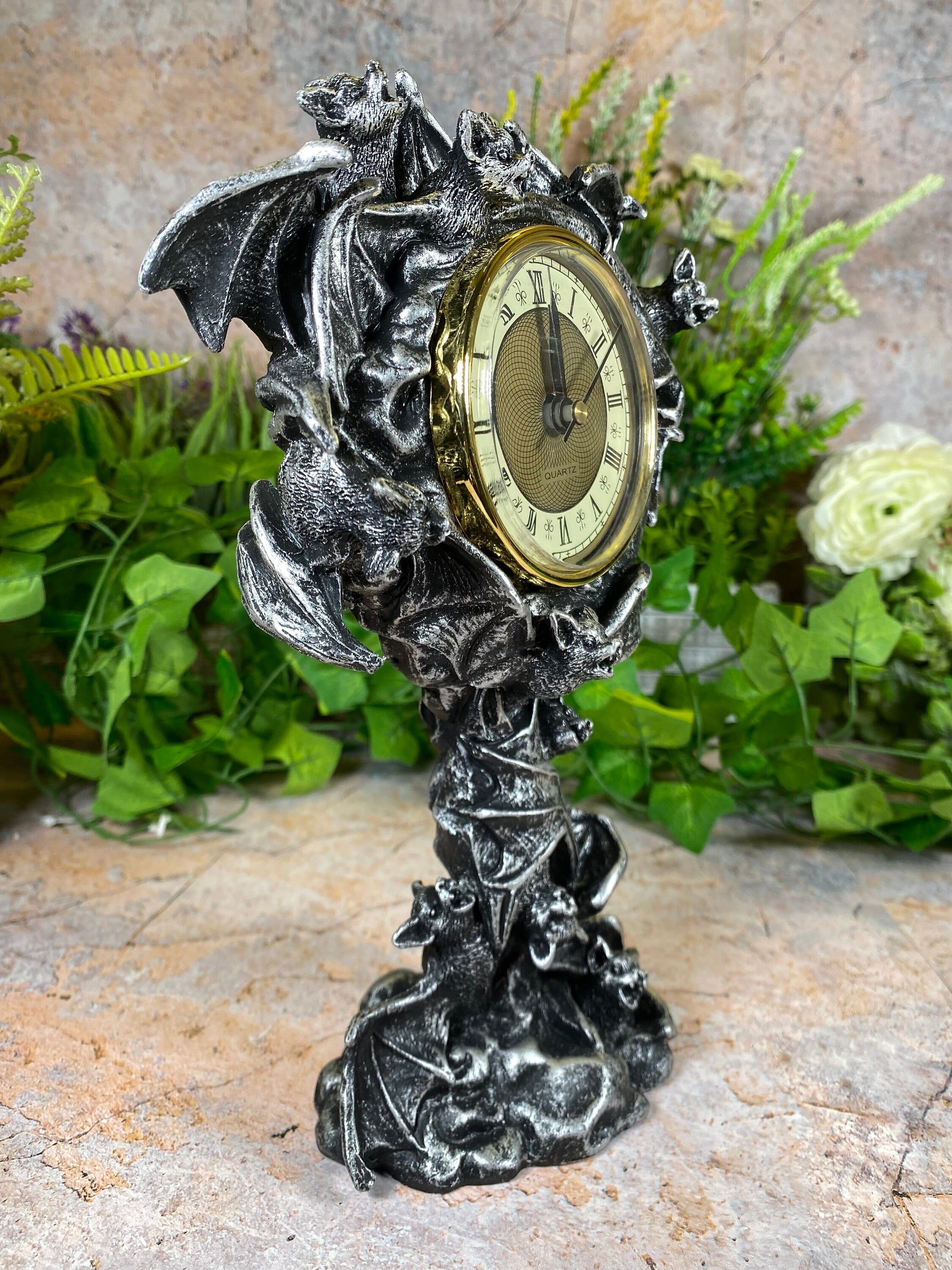 Gothic Resin Silver Bats Clock 25 cm Tall - Handcrafted, Spooky Decor Halloween Ornament-Osiris Craftworks