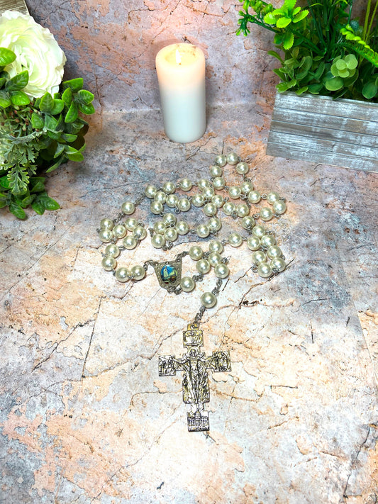 Pearl-Like Beads Rosary | Fatima Medal & Jesus Christ Cross | Spiritual Prayer Tool | Catholic Devotional | Religious Gift |96cm Long-Osiris Craftworks