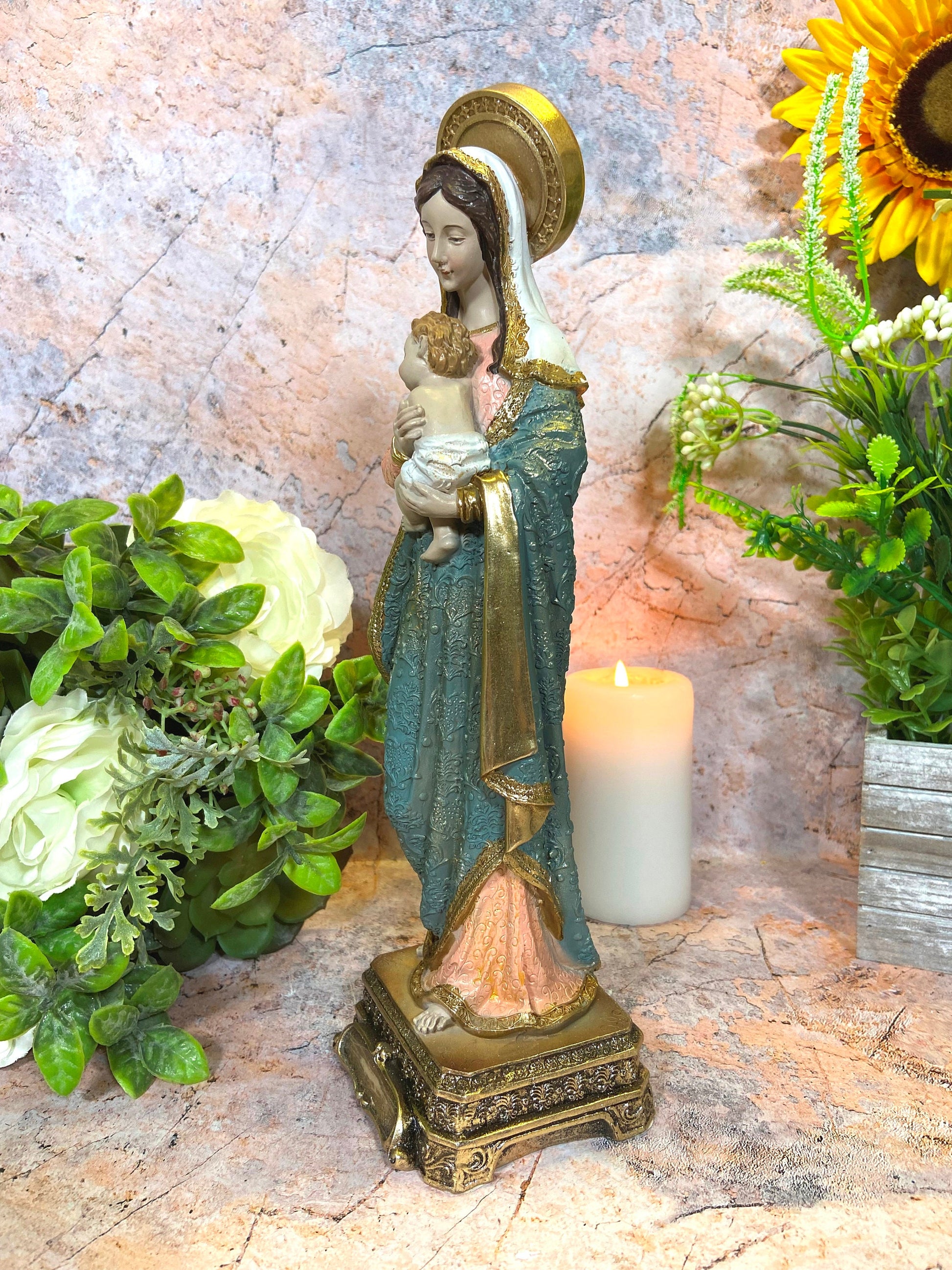 Virgin Mary and Infant Jesus Statue | 30x9.5 cm | Resin Crafted | Mother's Love | Spiritual Home Decor | Sacred Figurine of Blessings-Osiris Craftworks