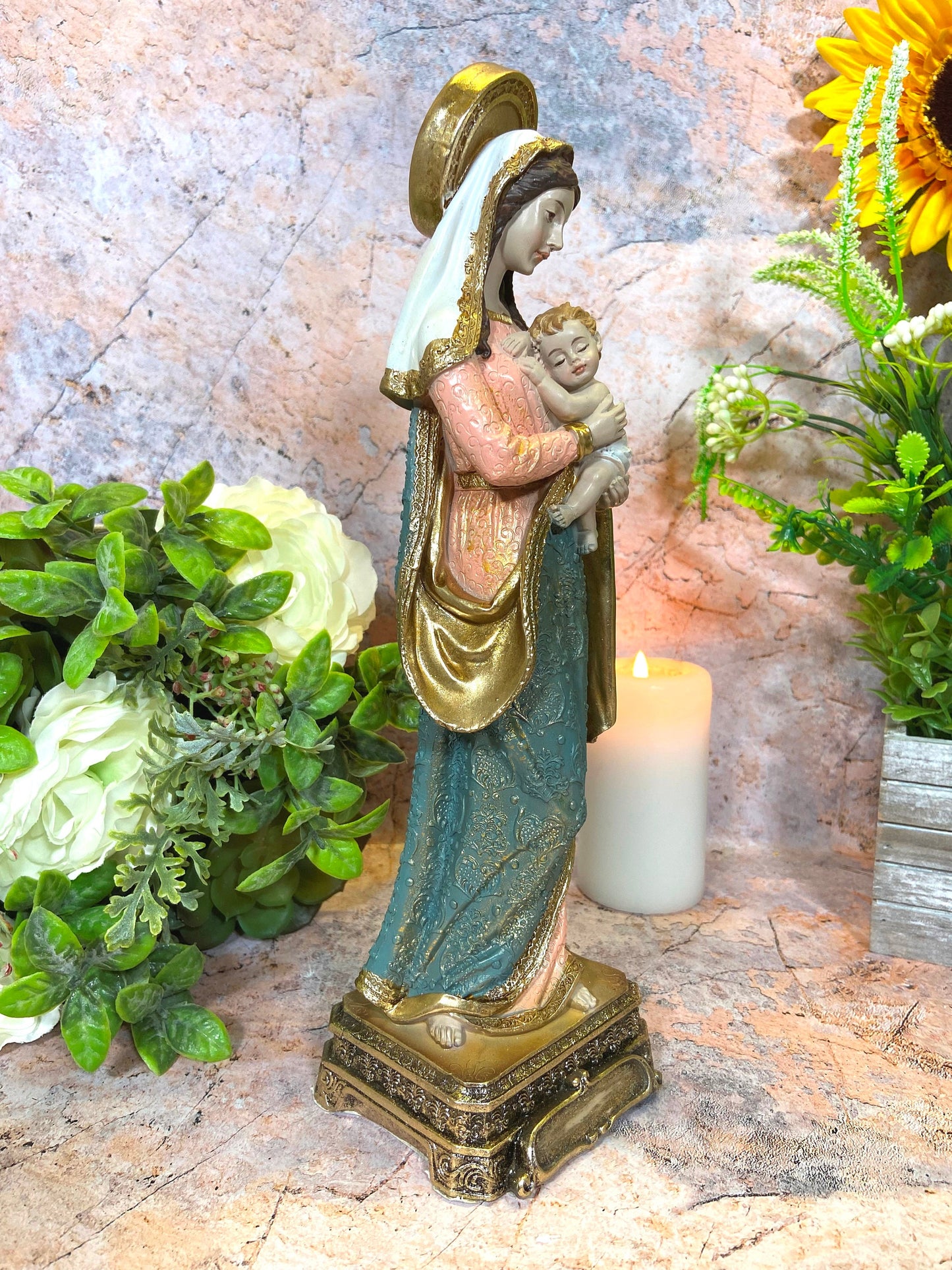 Virgin Mary and Infant Jesus Statue | 30x9.5 cm | Resin Crafted | Mother's Love | Spiritual Home Decor | Sacred Figurine of Blessings-Osiris Craftworks