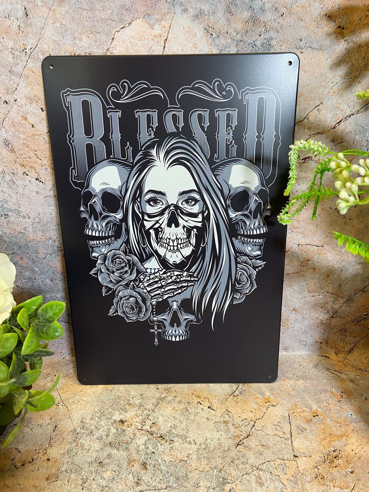 Gothic Blessed Skulls & Roses | Metal Wall Sign | Dark Romantic Decor | Macabre Art Display | Unique Home Accent | 30x20 cm-Osiris Craftworks