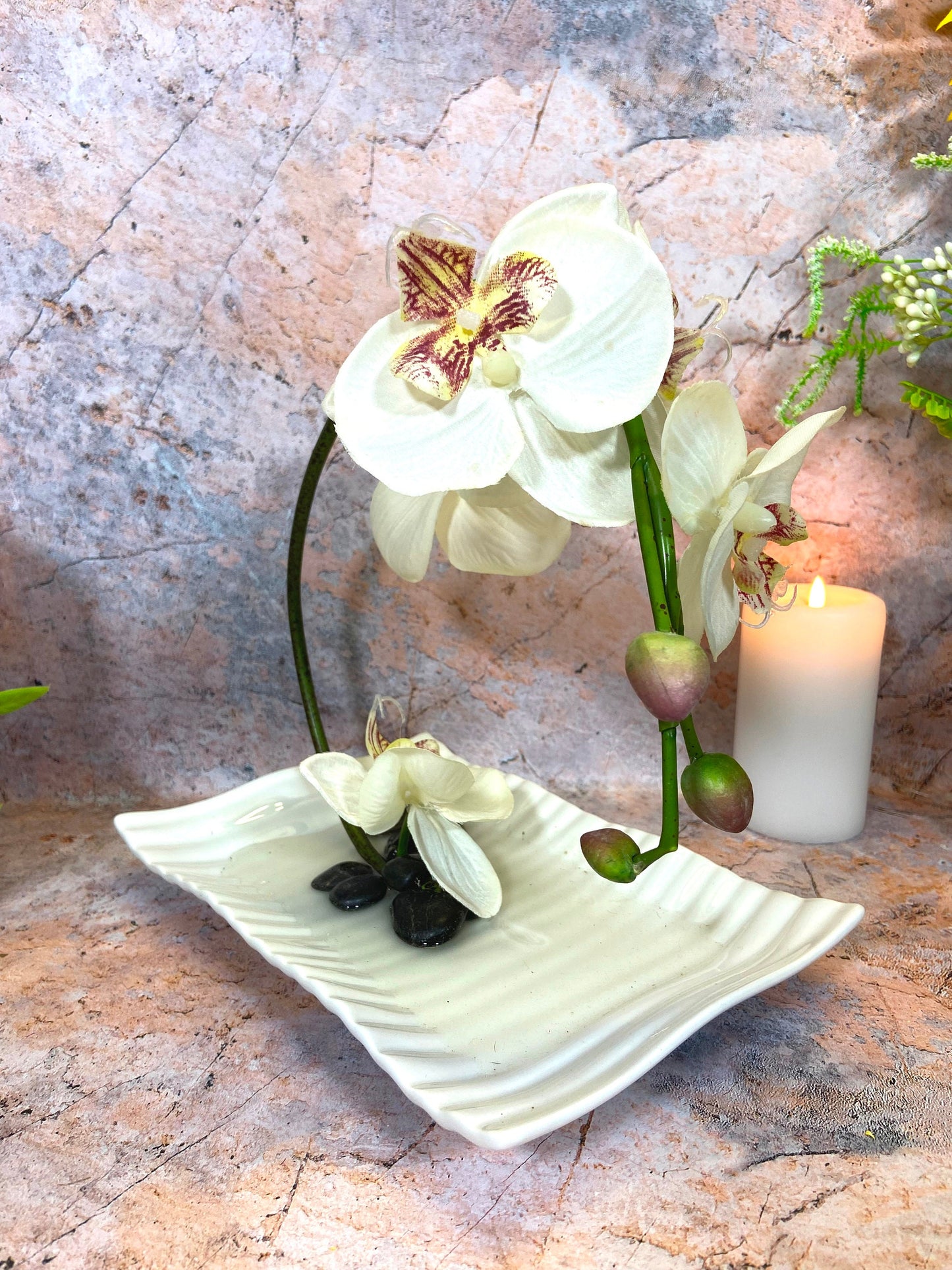 Life-Like Artificial Orchids | Realistic Faux Floral Arrangement | White Ceramic Display | Elegant Home Decor | 28x23 cm