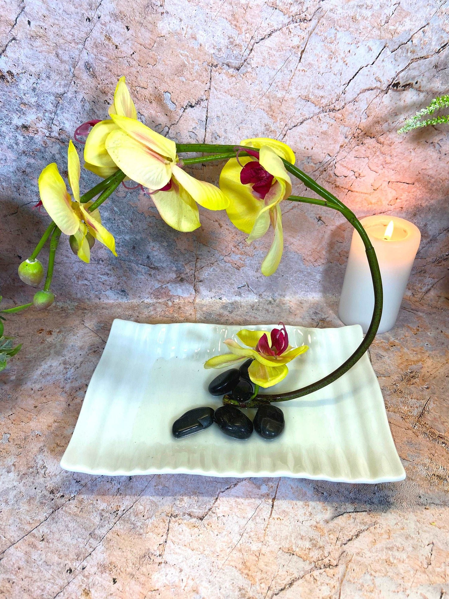 Artificial Orchids | Life-Like Floral Arrangement | Elegant Home Decor | Maintenance-Free Flowers | White Ceramic Display |  28x23 cm |