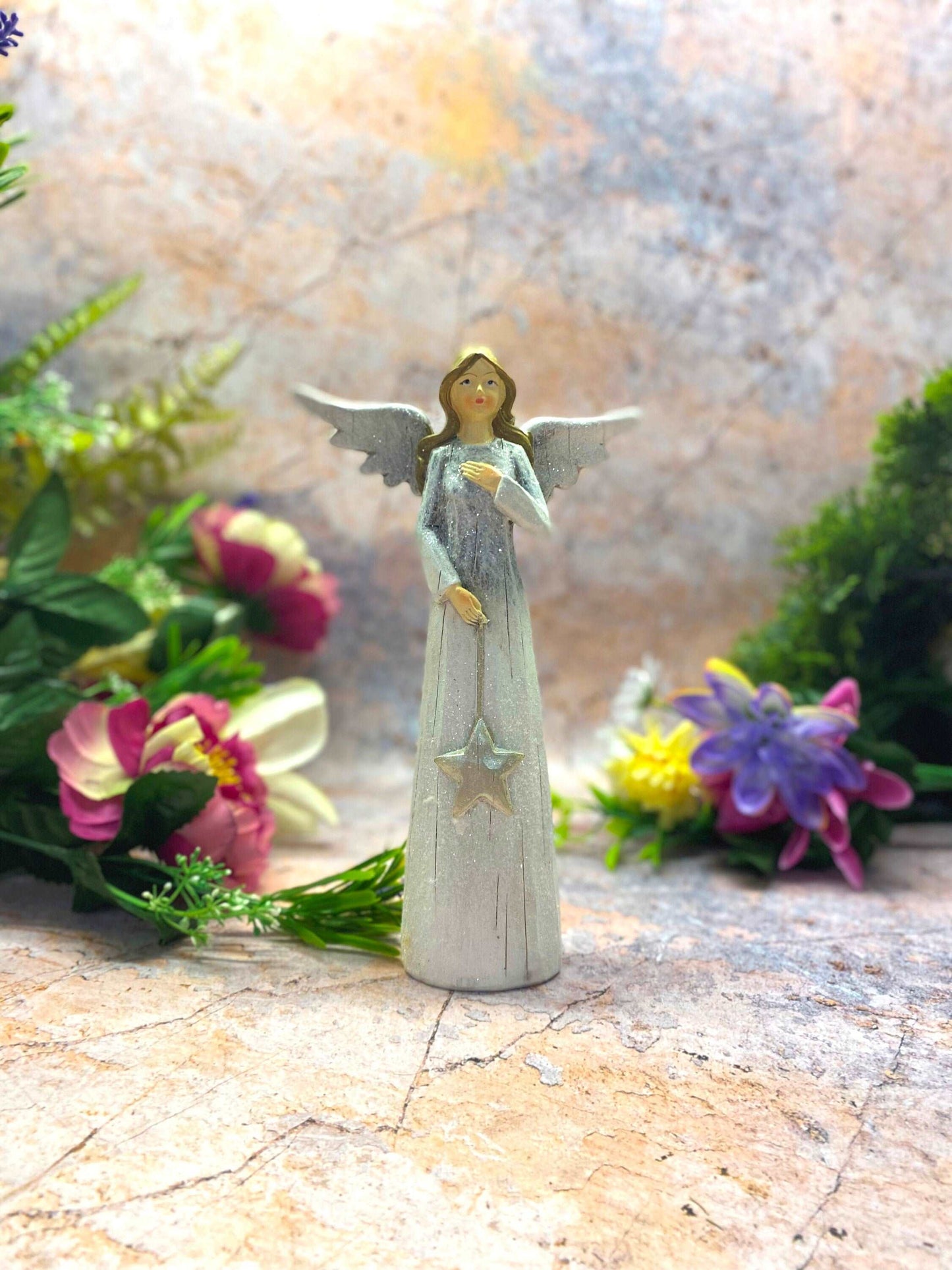 Angel Holding Star Christmas Ornament Resin Figure Festive Home Decor Celestial Holiday Accent Spirit of the Season 20x12 cm-Osiris Craftworks