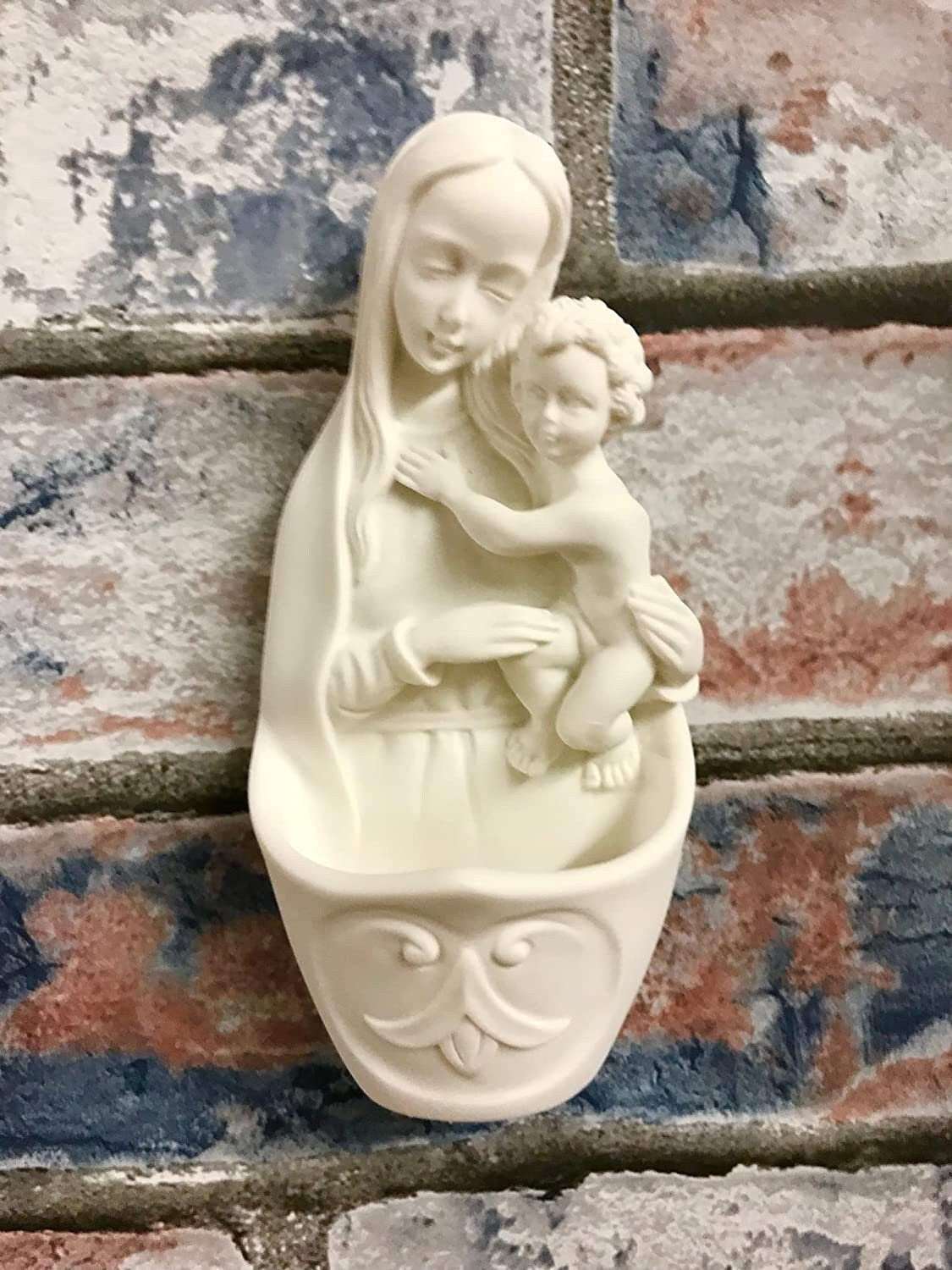 Blessed Virgin Mary with Baby Jesus Holy Water Font, Wall Plaque, Peaceful Christian Resin Sculpture, Sacred Art-Osiris Craftworks