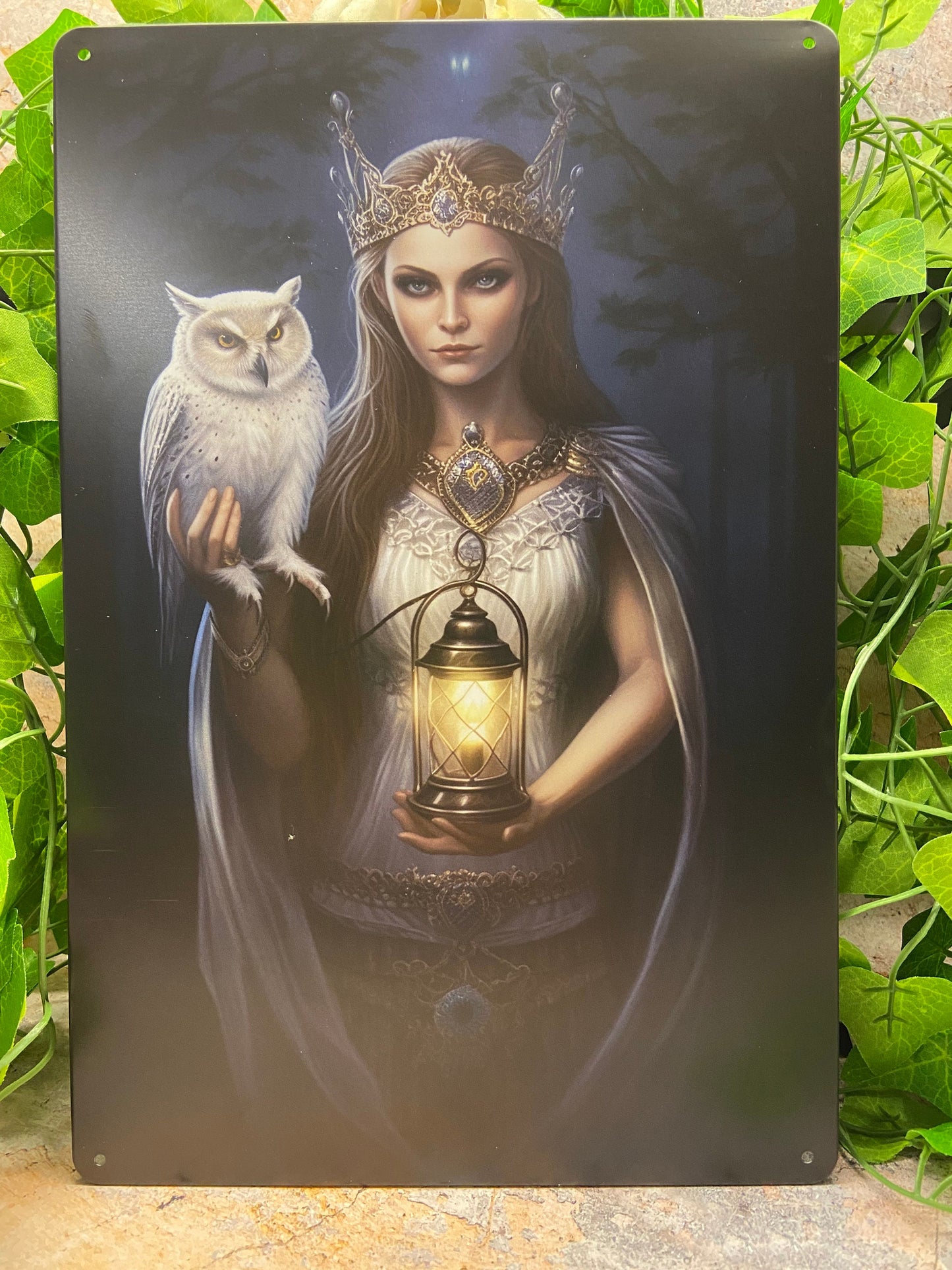 Queen with Lantern & Owl Metal Sign | Night Forest Décor | Enchanting Wall Art | Mystical Home Decoration | 20x30cm-Osiris Craftworks