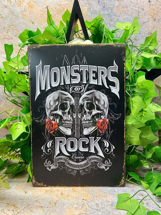 Monsters of Rock Metal Sign | Dual Skull & Guitar Imagery | Vintage Concert Decor | Edgy Rock-n-Roll Wall Art | 20x30cm-Osiris Craftworks