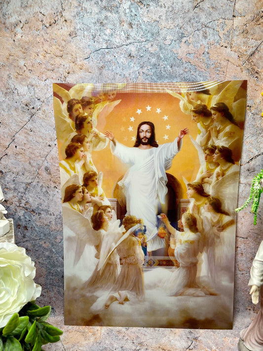 3D Holographic Poster 35x25cm - Risen Jesus with Angels - Self-Adhesive Lenticular Religious Decor-Osiris Craftworks