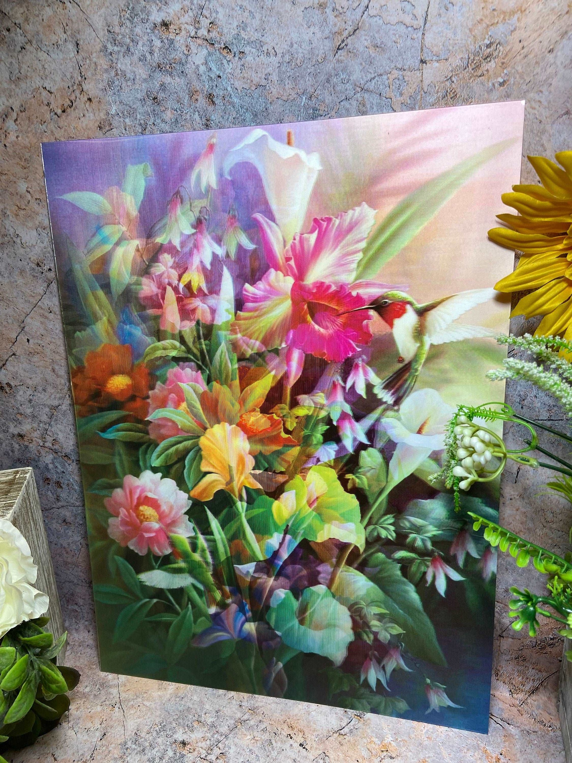 3D Holographic Poster 40x30cm - Flowers & Hummingbird - Lenticular Nature Decor Self-Adhesive