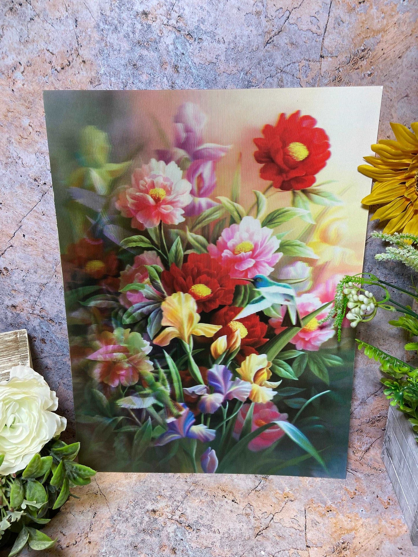 3D Holographic Poster 40x30cm - Flowers & Hummingbird - Lenticular Nature Decor Self-Adhesive