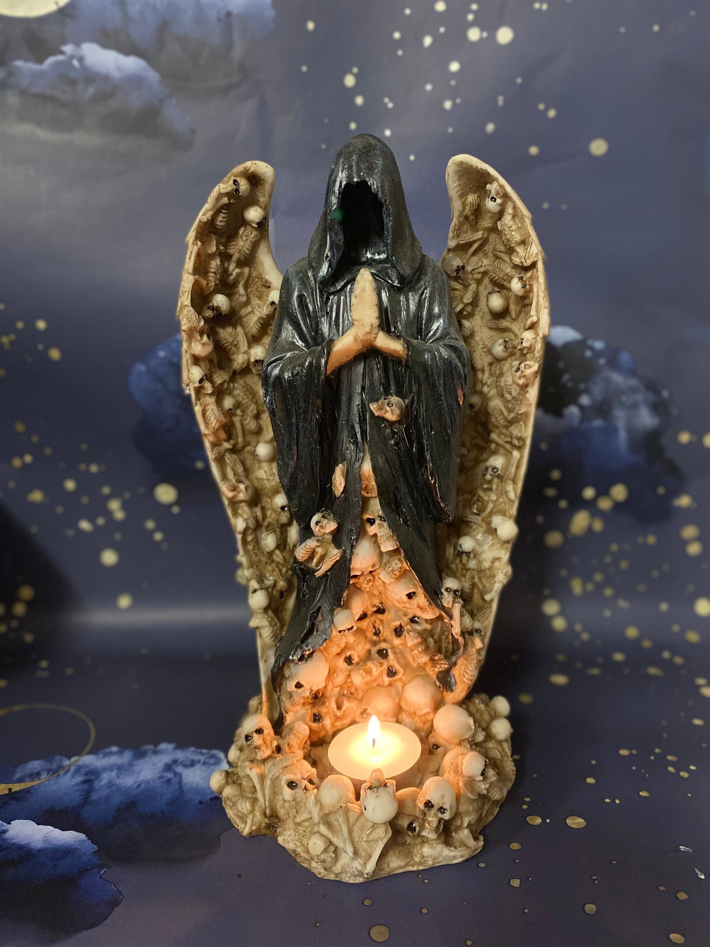 Gothic Praying Reaper Tea Light Holder - Dark Halloween Decor - Mysterious Home Accent - Resin Statue, 28x17cm-Osiris Craftworks