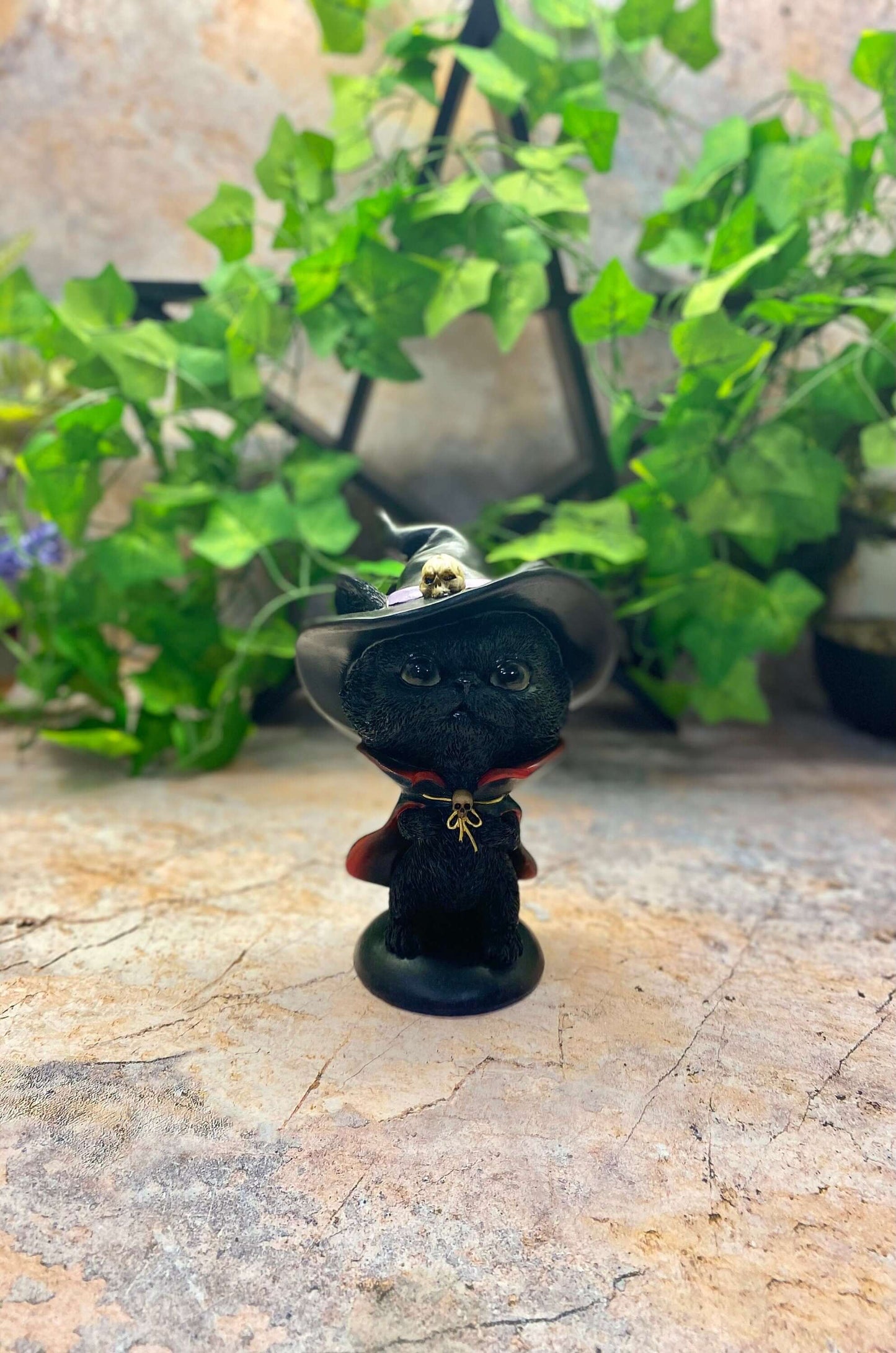 Comical Black Cat with Witch Hat & Cape - Whimsical Halloween Decor - Resin Statue - Gothic Cat with Skull - 15x11cm-Osiris Craftworks