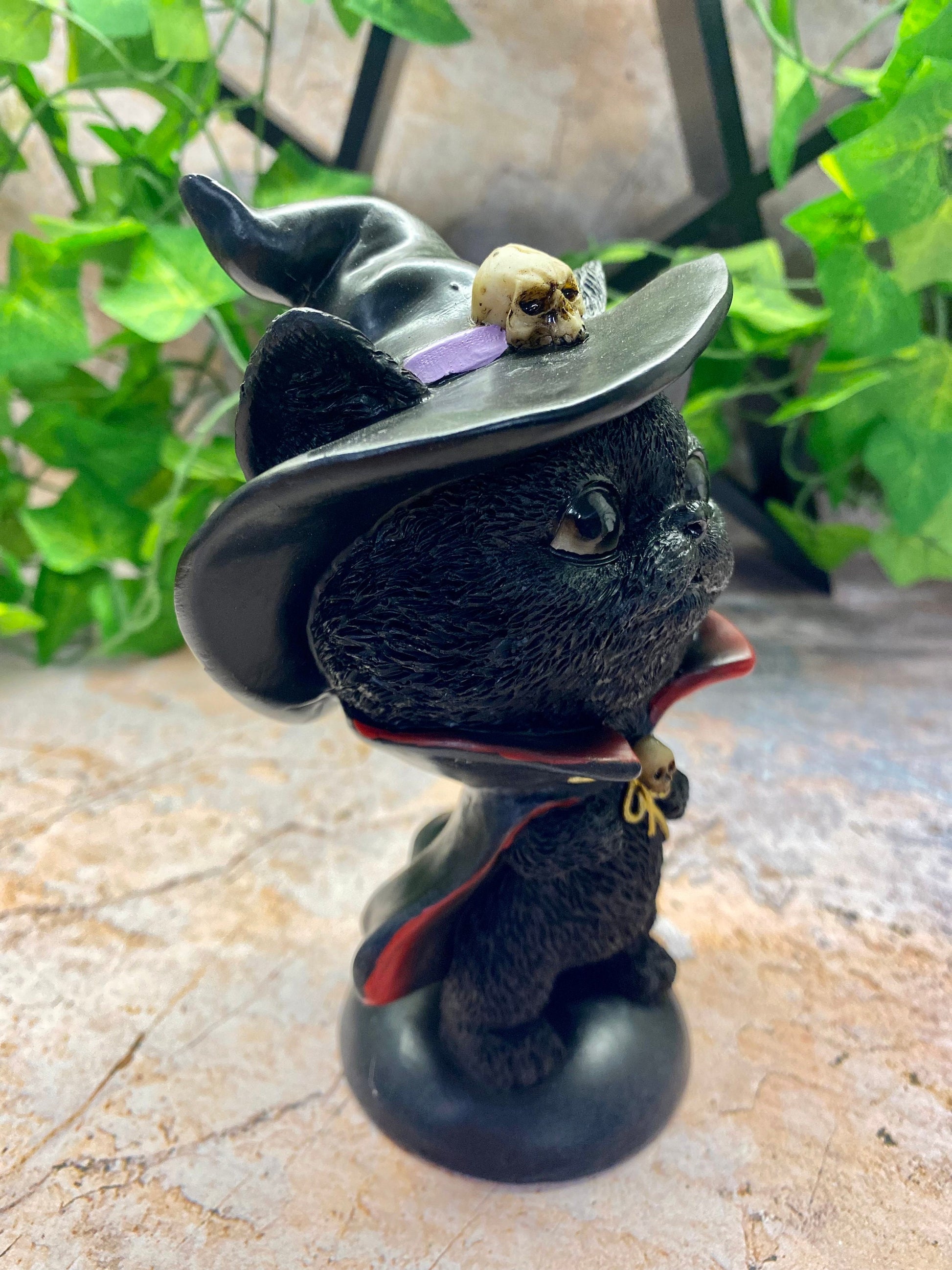 Comical Black Cat with Witch Hat & Cape - Whimsical Halloween Decor - Resin Statue - Gothic Cat with Skull - 15x11cm-Osiris Craftworks