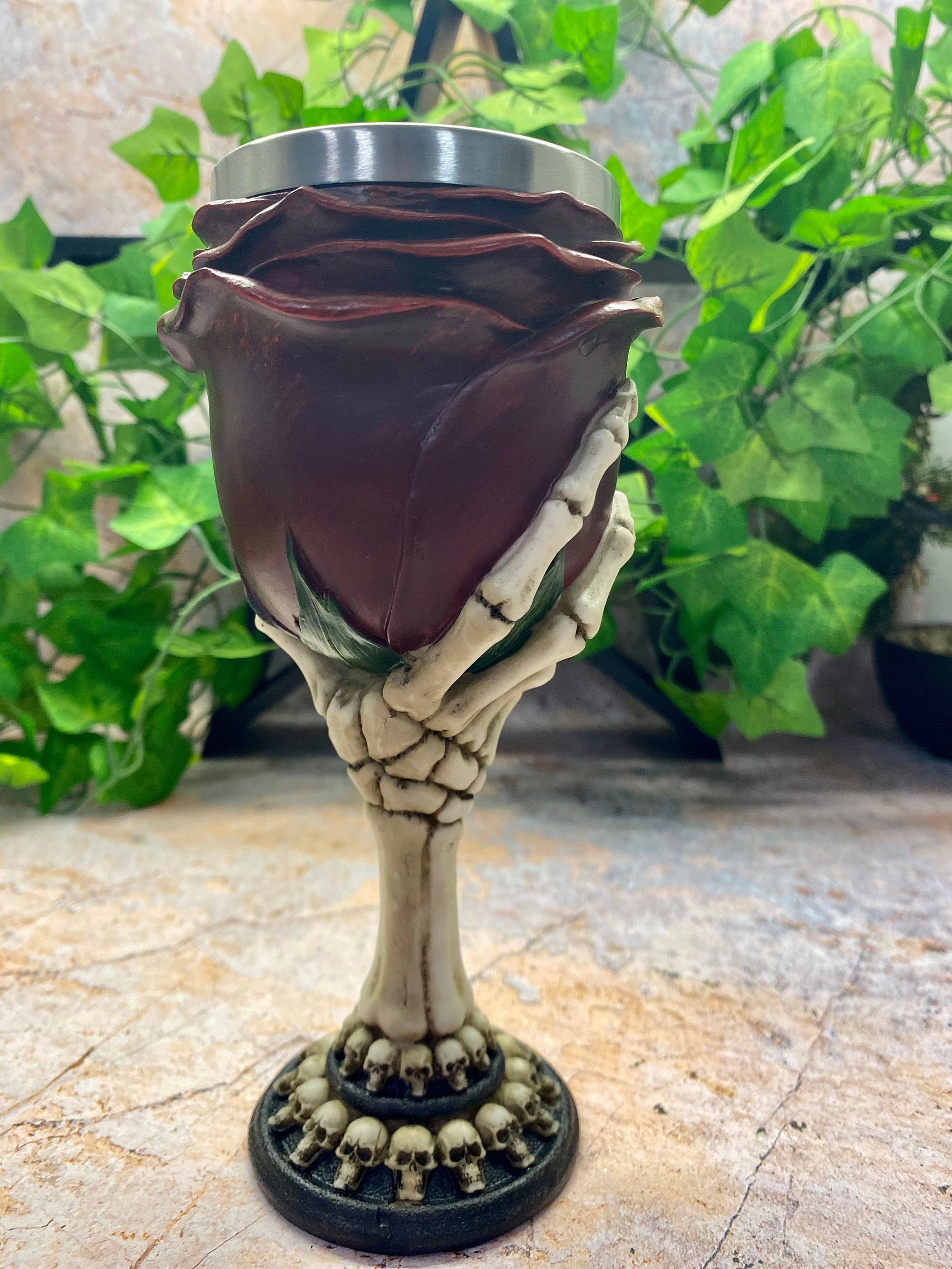 Skeleton Hand & Rose Halloween Goblet - Gothic Resin Statue with Stainless Steel Insert - Skull-Ornated Base, Unique Drinking Vessel-Osiris Craftworks