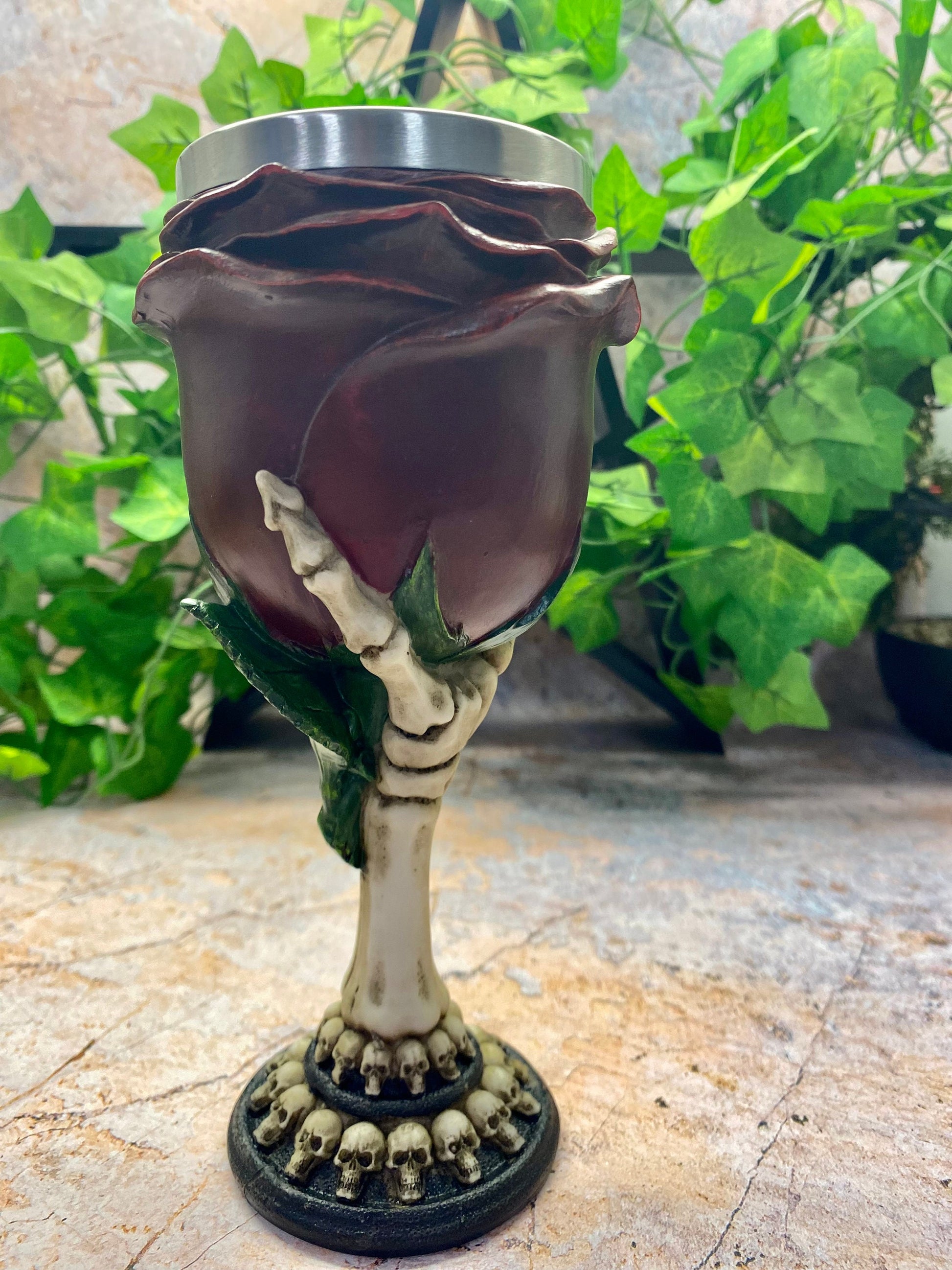 Skeleton Hand & Rose Halloween Goblet - Gothic Resin Statue with Stainless Steel Insert - Skull-Ornated Base, Unique Drinking Vessel-Osiris Craftworks