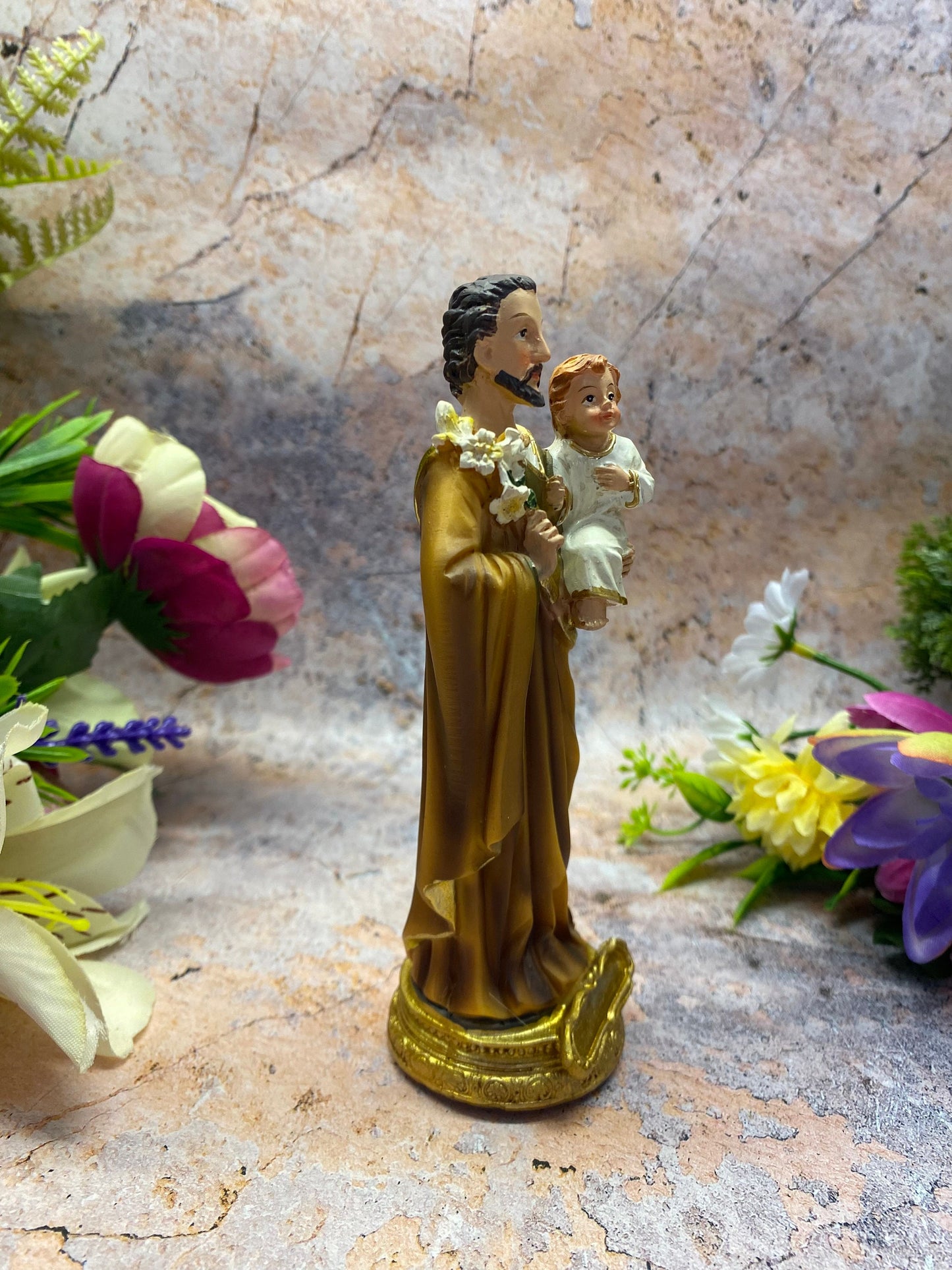 Saint Joseph with Child Jesus Resin Statue, Spiritual Catholic Decor, Fatherly Devotion, Religious Artwork, 15cm Tall Figure-Osiris Craftworks