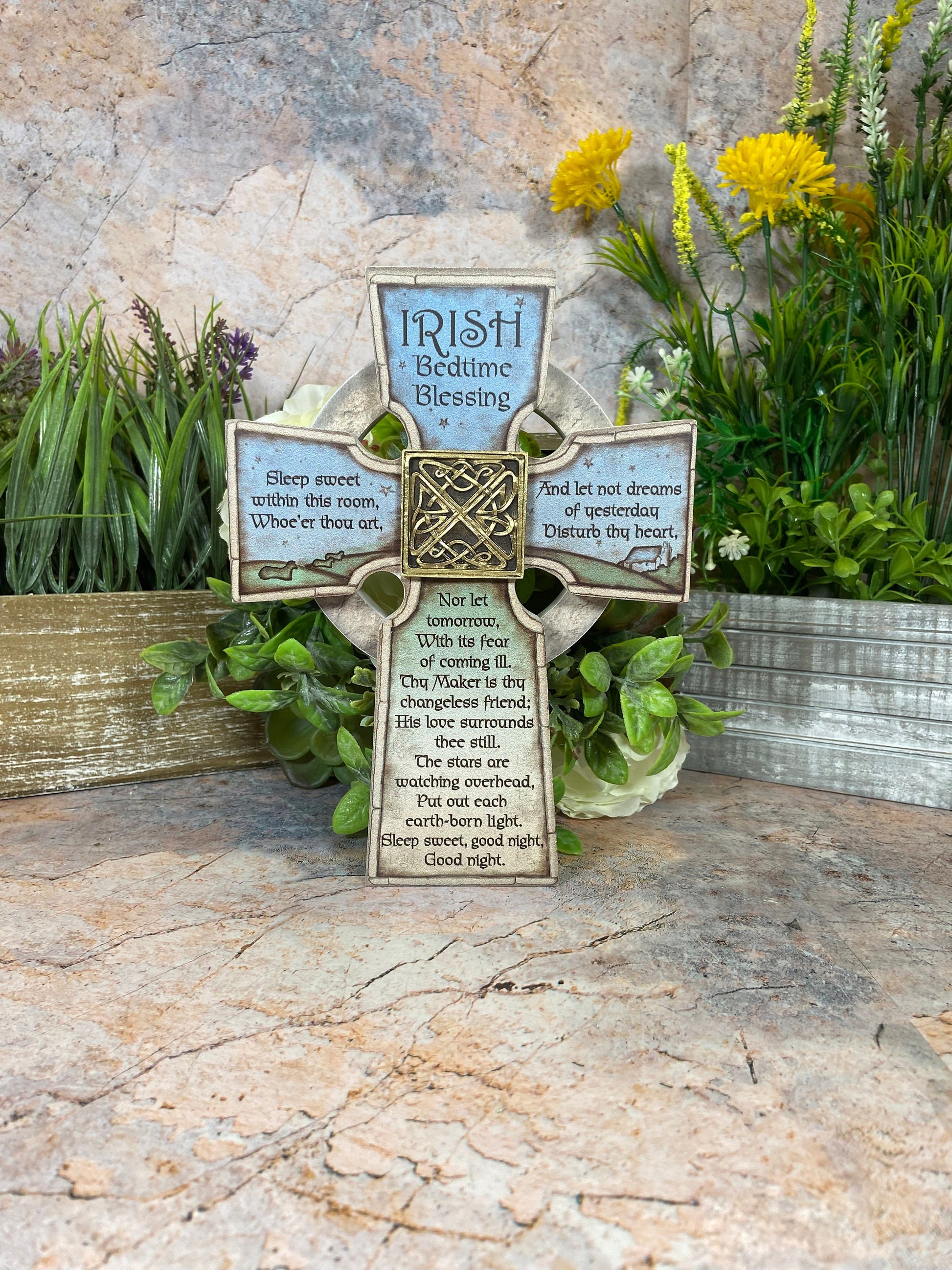 Resin Irish Cross Bedtime Blessing 21cm x 16cm - Handcrafted Celtic Home Decor-Osiris Craftworks