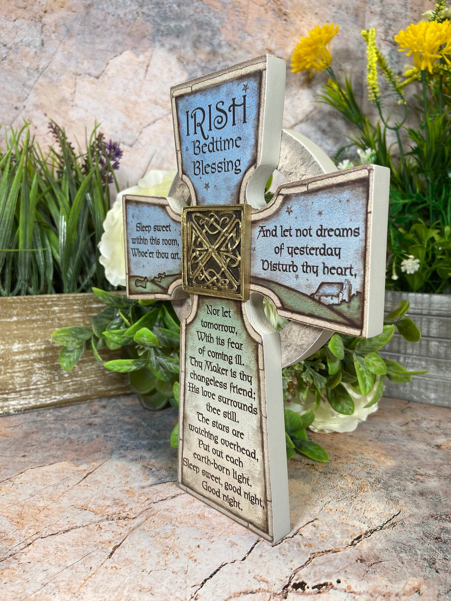 Resin Irish Cross Bedtime Blessing 21cm x 16cm - Handcrafted Celtic Home Decor-Osiris Craftworks