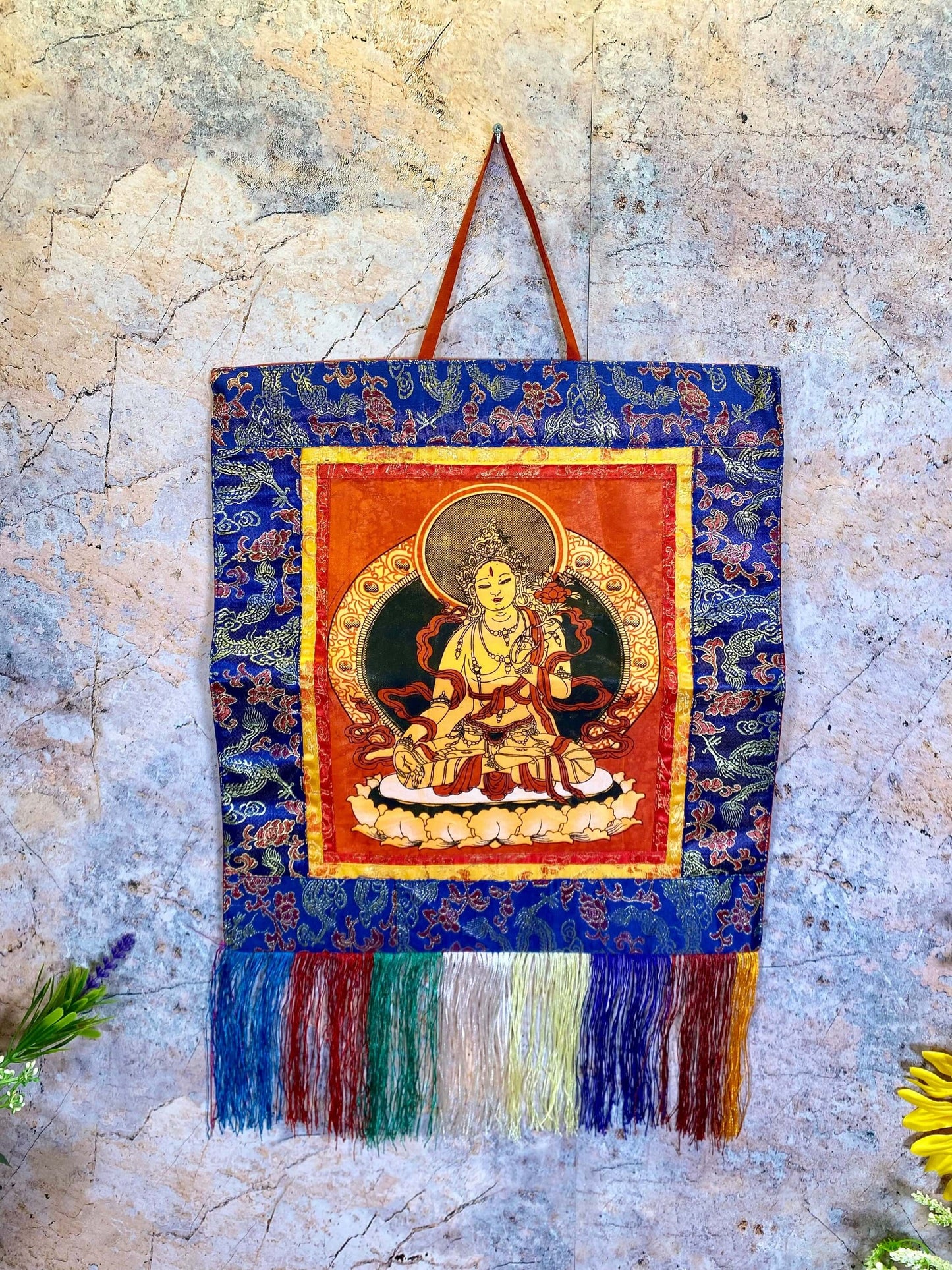 Tibetan Tara Brocade Thangka with Fringes, Traditional Spiritual Art, Meditation Decor, Handcrafted Wall Hanging, 40x28cm-Osiris Craftworks