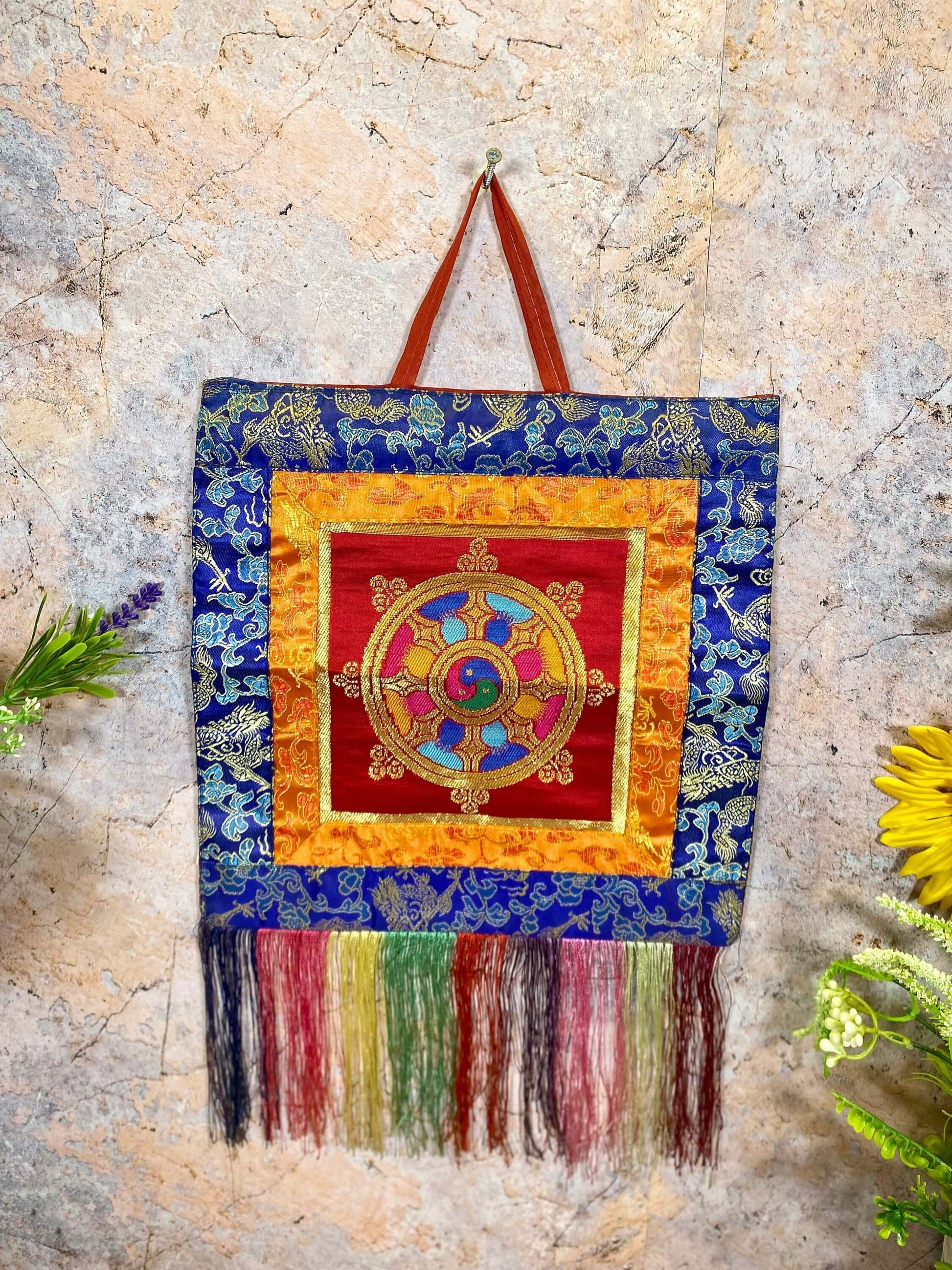 Tibetan Wheel of Dharma Embroidered Banner Wall Hanging Thangka Banner Altar Decoration-Osiris Craftworks