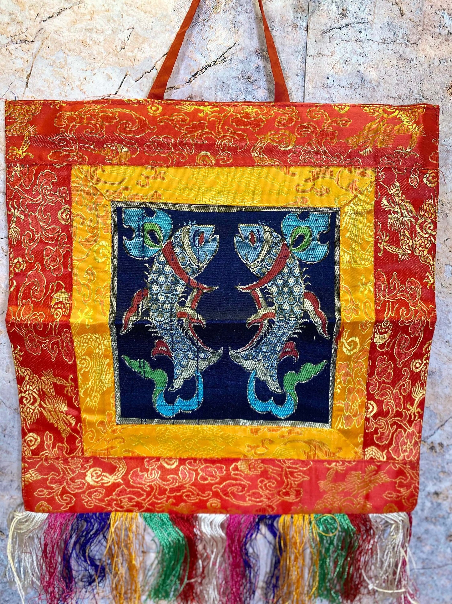 Tibetan Double Golden Fish Silk Brocade Wall Decor, Auspicious Symbol, Spiritual Meditation Art, Traditional Tapestry, 36x23cm-Osiris Craftworks