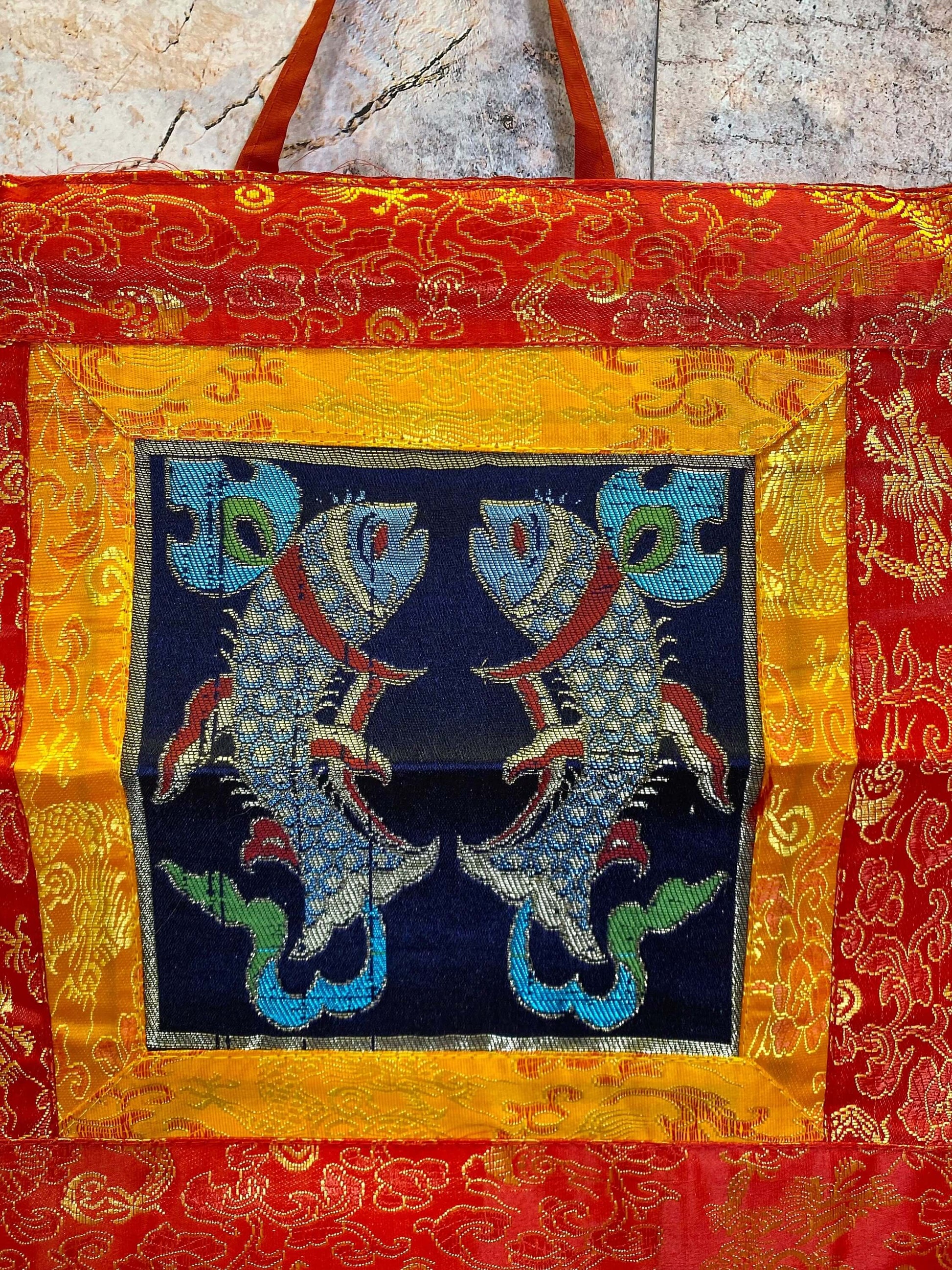 Tibetan Double Golden Fish Silk Brocade Wall Decor, Auspicious Symbol, Spiritual Meditation Art, Traditional Tapestry, 36x23cm-Osiris Craftworks