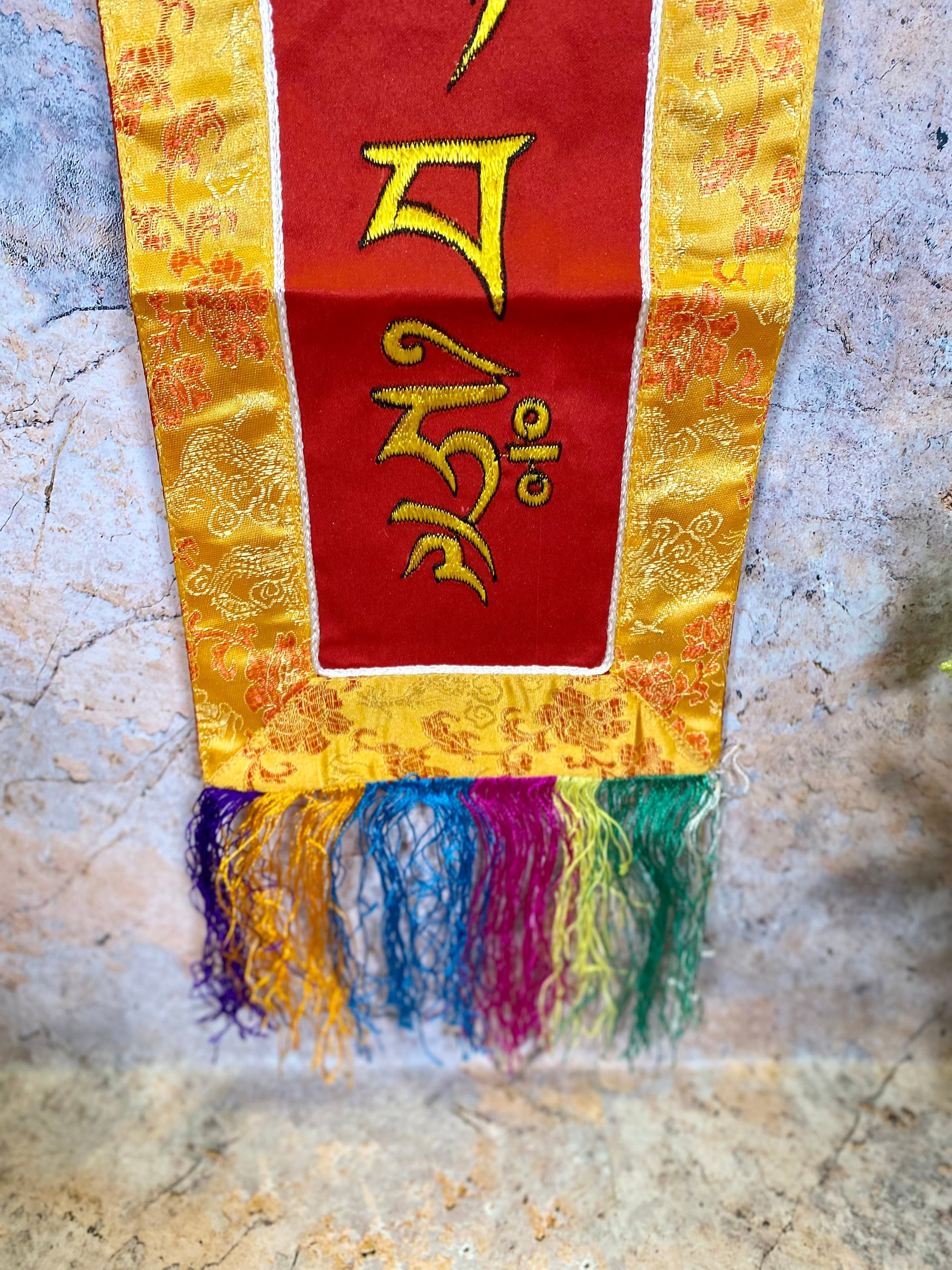 Tibetan Long Life Mantra Banner, Brocade Silk Embroidery, Spiritual Wall Hanging, Authentic Meditation Art, Handmade Tibetan Decor, 15x77cm-Osiris Craftworks