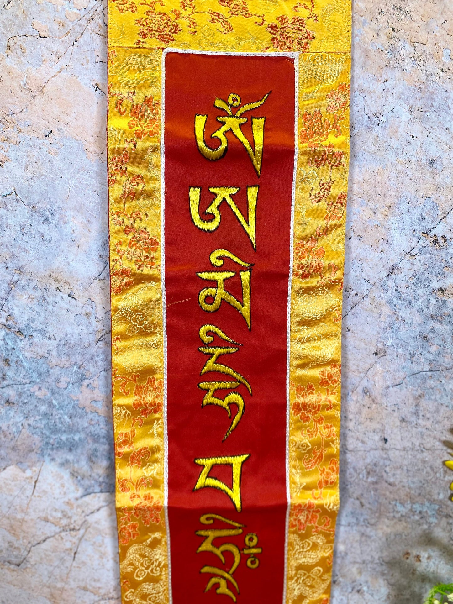 Tibetan Long Life Mantra Banner, Brocade Silk Embroidery, Spiritual Wall Hanging, Authentic Meditation Art, Handmade Tibetan Decor, 15x77cm-Osiris Craftworks