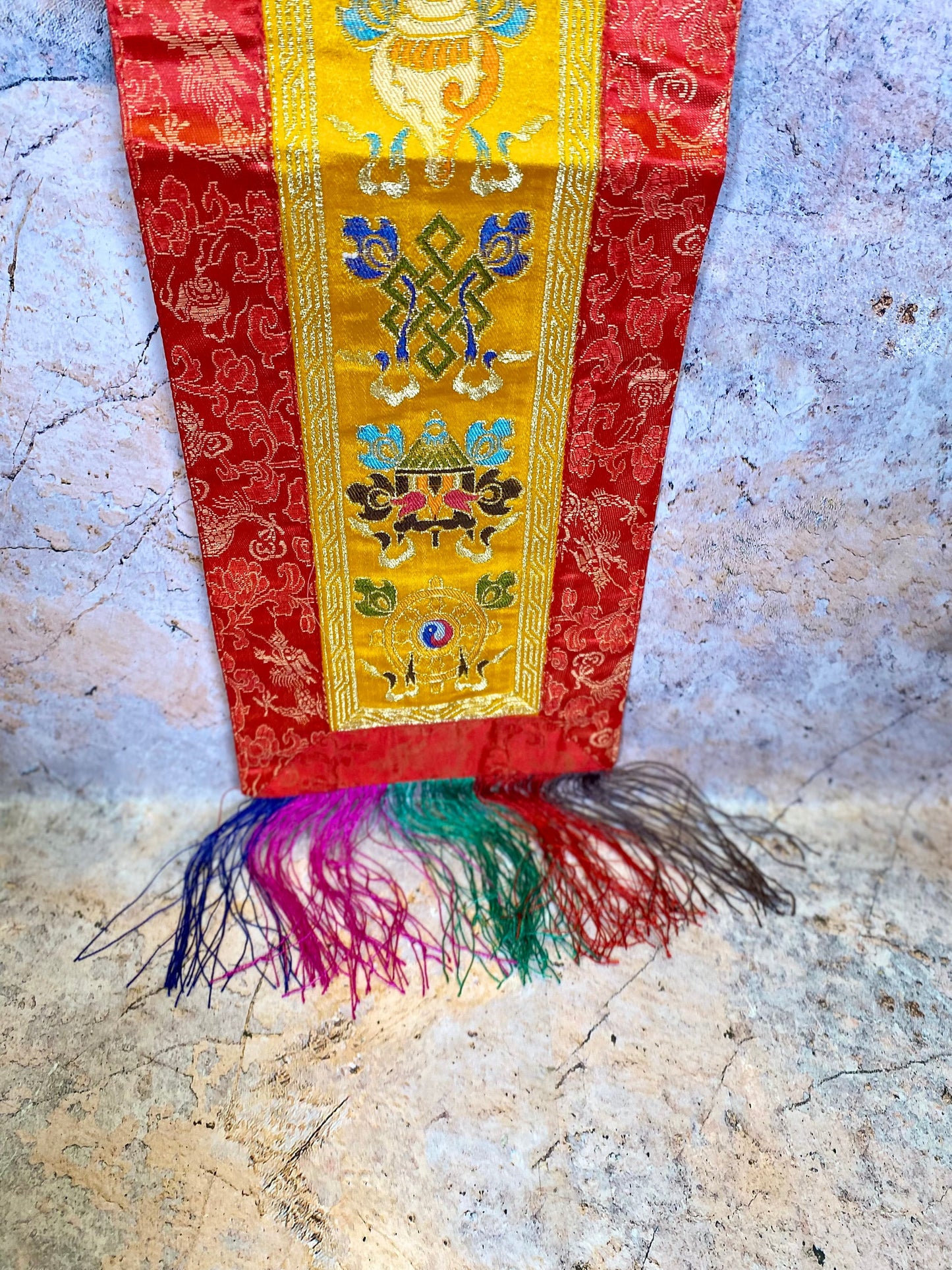 Tibetan Eight Auspicious Symbols Banner, Silk Brocade Wall Hanging, Authentic Buddhist Decor, Handcrafted Meditation Art, 15x71cm-Osiris Craftworks