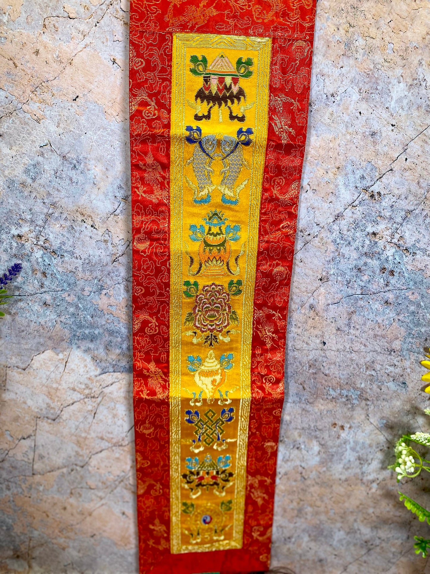 Tibetan Eight Auspicious Symbols Banner, Silk Brocade Wall Hanging, Authentic Buddhist Decor, Handcrafted Meditation Art, 15x71cm-Osiris Craftworks