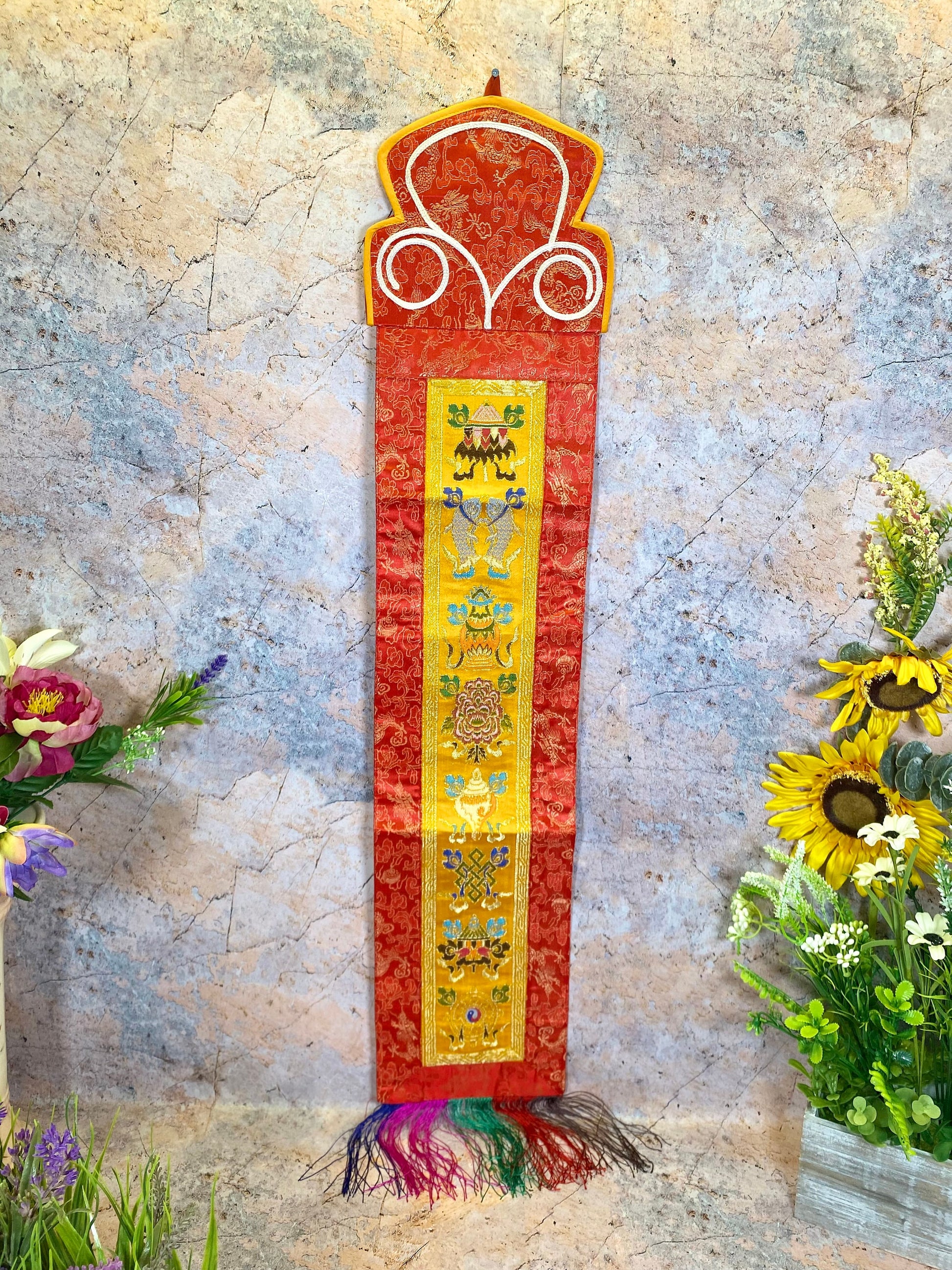 Tibetan Eight Auspicious Symbols Banner, Silk Brocade Wall Hanging, Authentic Buddhist Decor, Handcrafted Meditation Art, 15x71cm-Osiris Craftworks