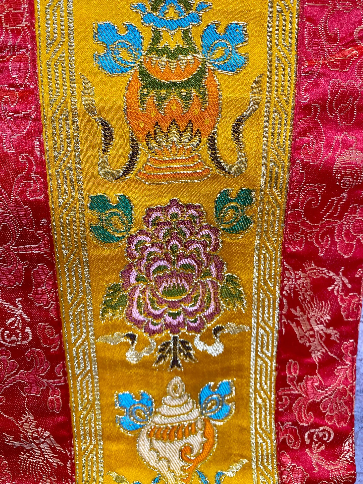 Tibetan Eight Auspicious Symbols Banner, Silk Brocade Wall Hanging, Authentic Buddhist Decor, Handcrafted Meditation Art, 15x71cm-Osiris Craftworks