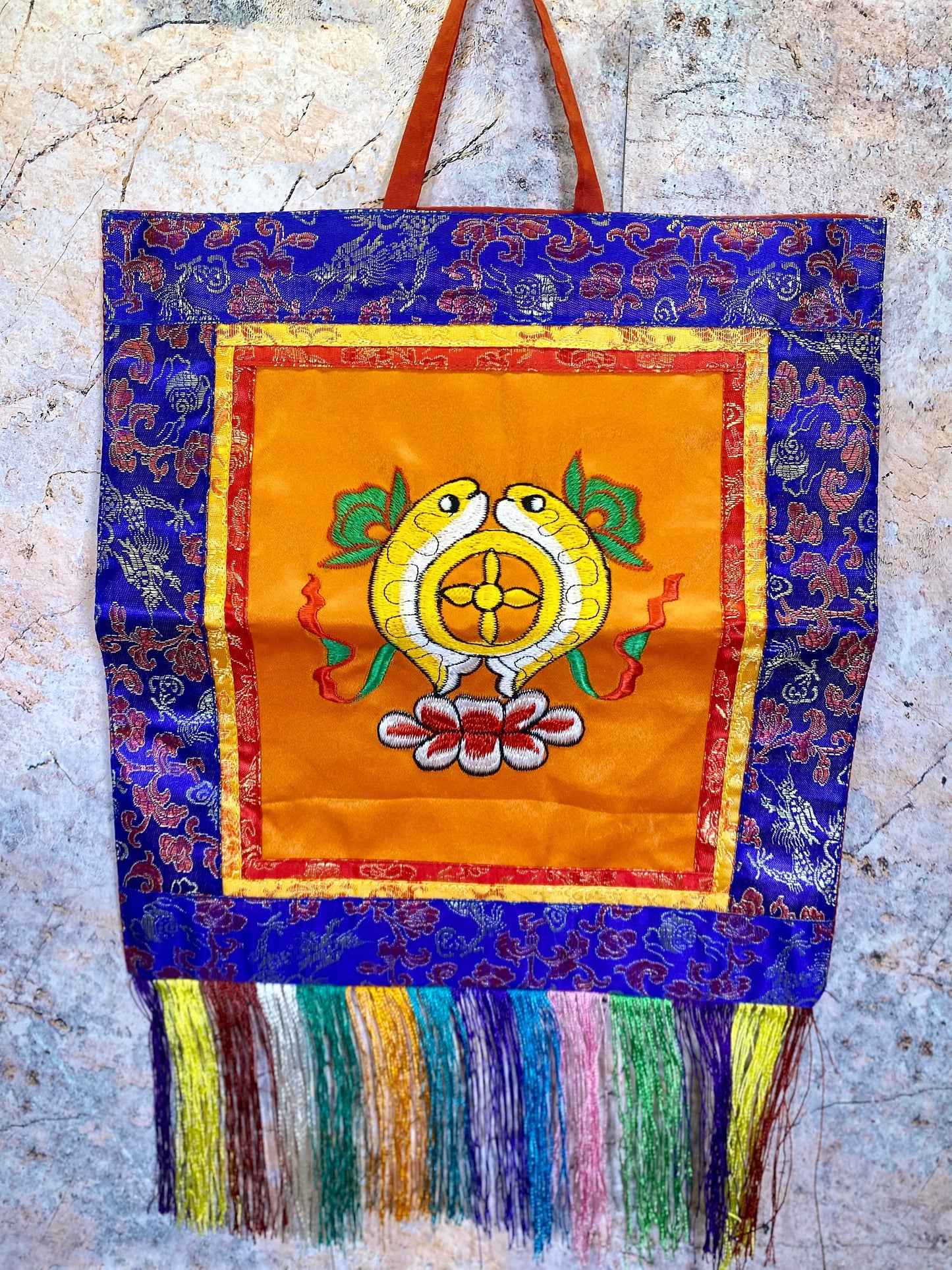 Tibetan Buddhist Golden Fishes Wall Hanging, Handcrafted Brocade Silk & Cotton Decor, Meditation Art, Authentic Spiritual Tapestry, 17x41cm-Osiris Craftworks