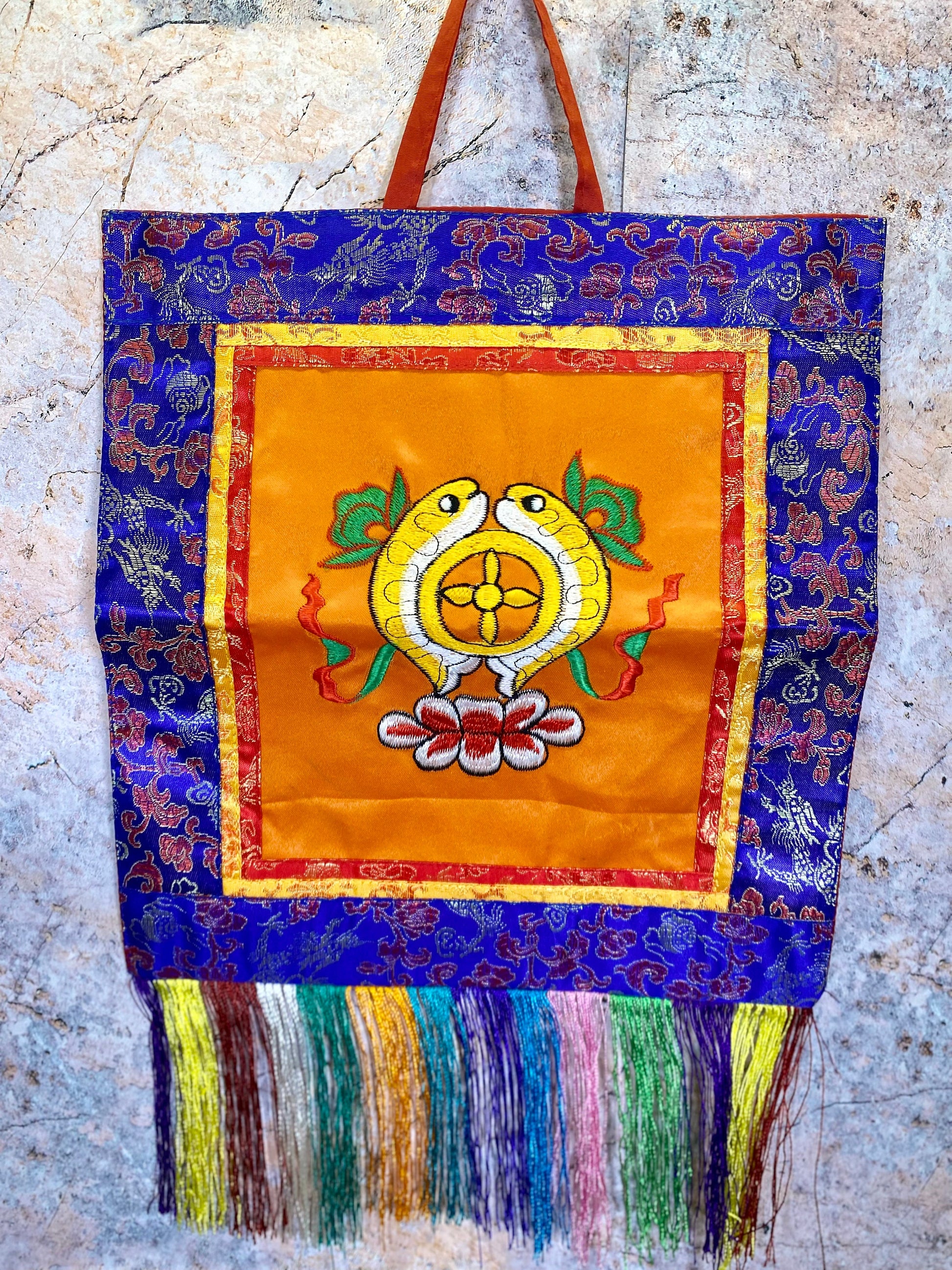 Tibetan Buddhist Golden Fishes Wall Hanging, Handcrafted Brocade Silk & Cotton Decor, Meditation Art, Authentic Spiritual Tapestry, 17x41cm-Osiris Craftworks