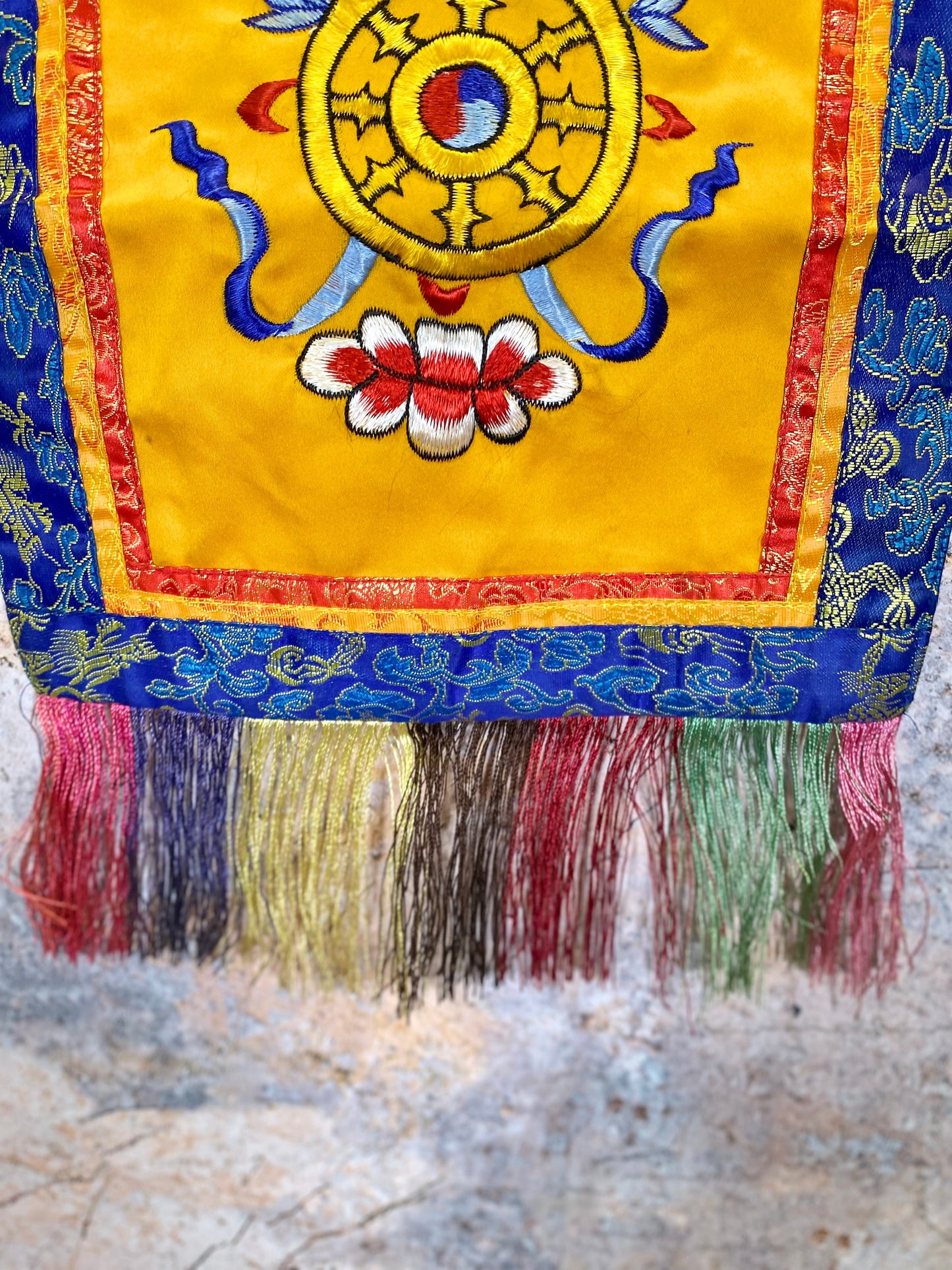 Tibetan Dharma Wheel Wall Banner, Authentic Brocade Silk & Cotton Hanging, Spiritual Meditation Decor, Dharmachakra Symbol, 27x41cm-Osiris Craftworks