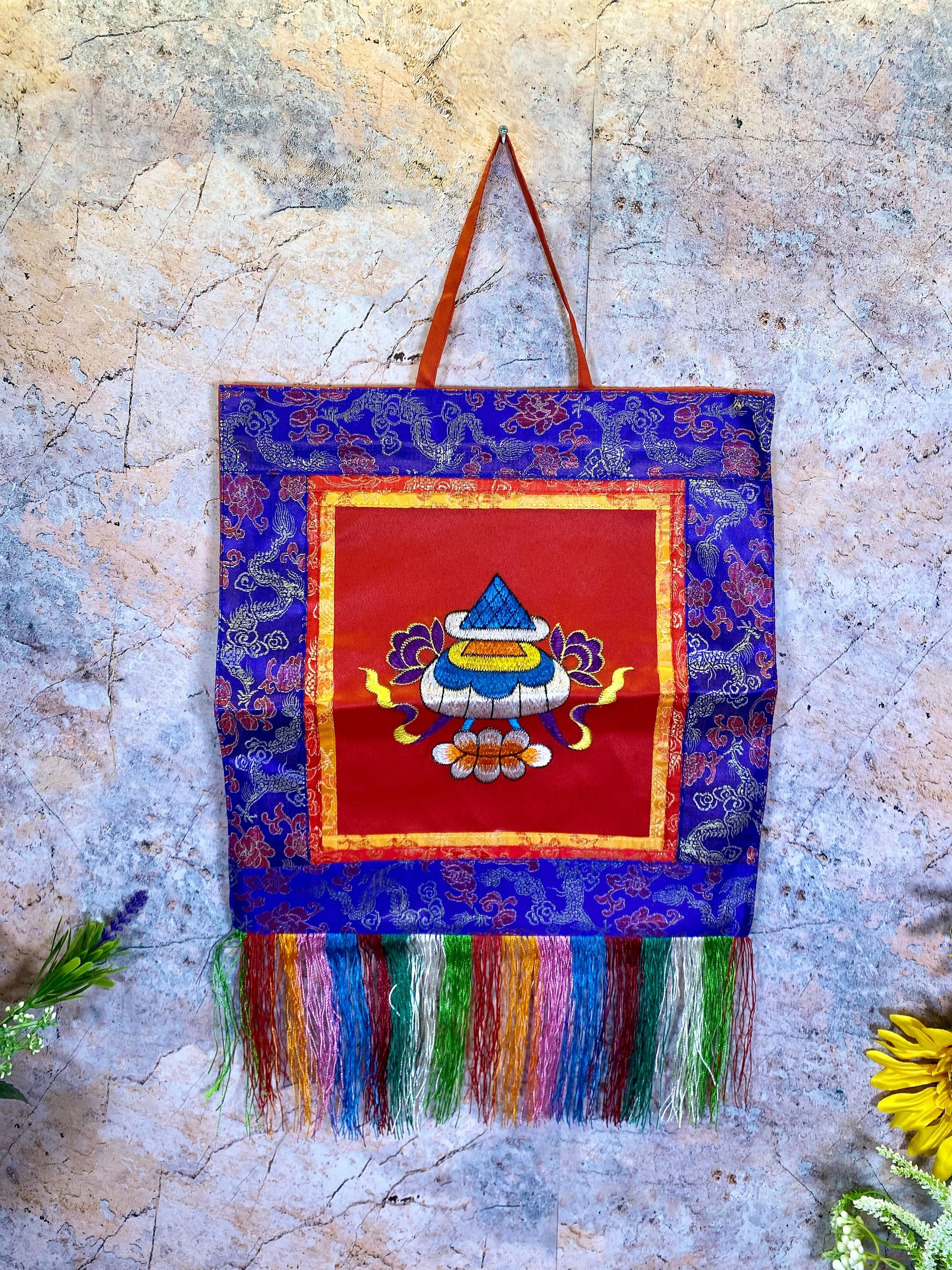 Tibetan Victory Banner, Embroidered Brocade Silk & Cotton Wall Hanging, Traditional Spiritual Decor, Meditation Art, 27x41cm-Osiris Craftworks