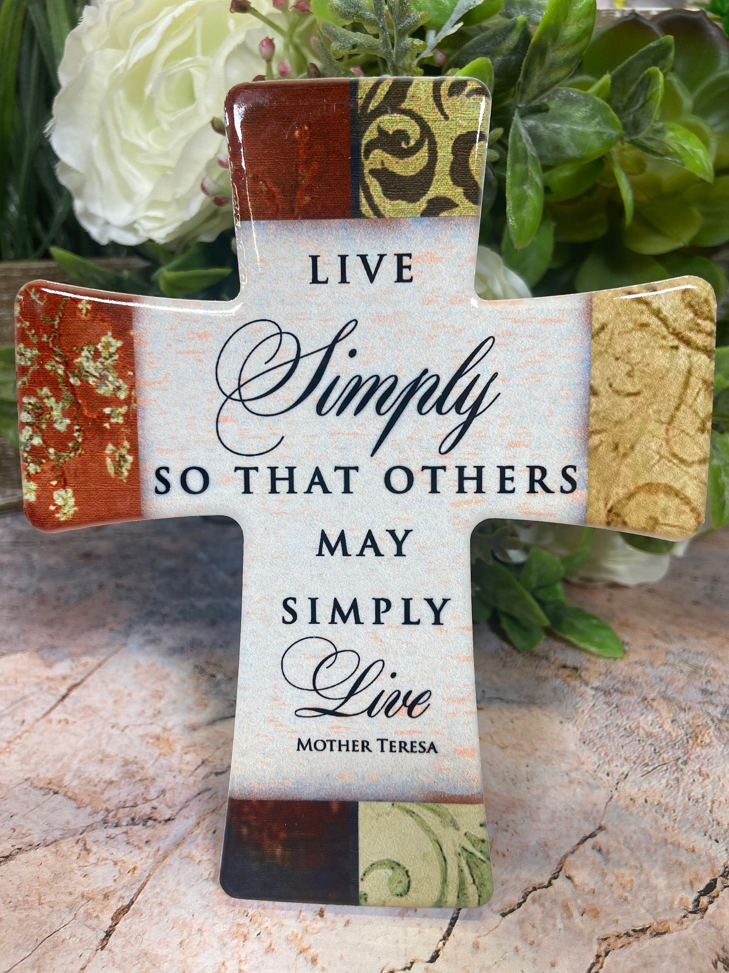 Porcelain Cross "Live Simply" | Mother Teresa Quote | Spiritual Home Decor Timeless Christian Keepsake | Inspirational Centrepiece-Osiris Craftworks