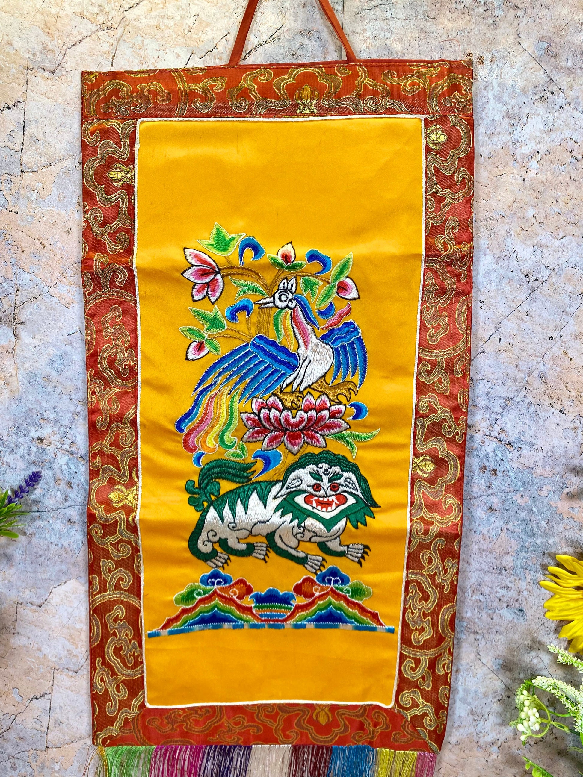 Tibetan Four Dignities Embroidered Banner, Brocade Silk & Polyester Wall Hanging, Traditional Spiritual Decor, 31x68cm-Osiris Craftworks