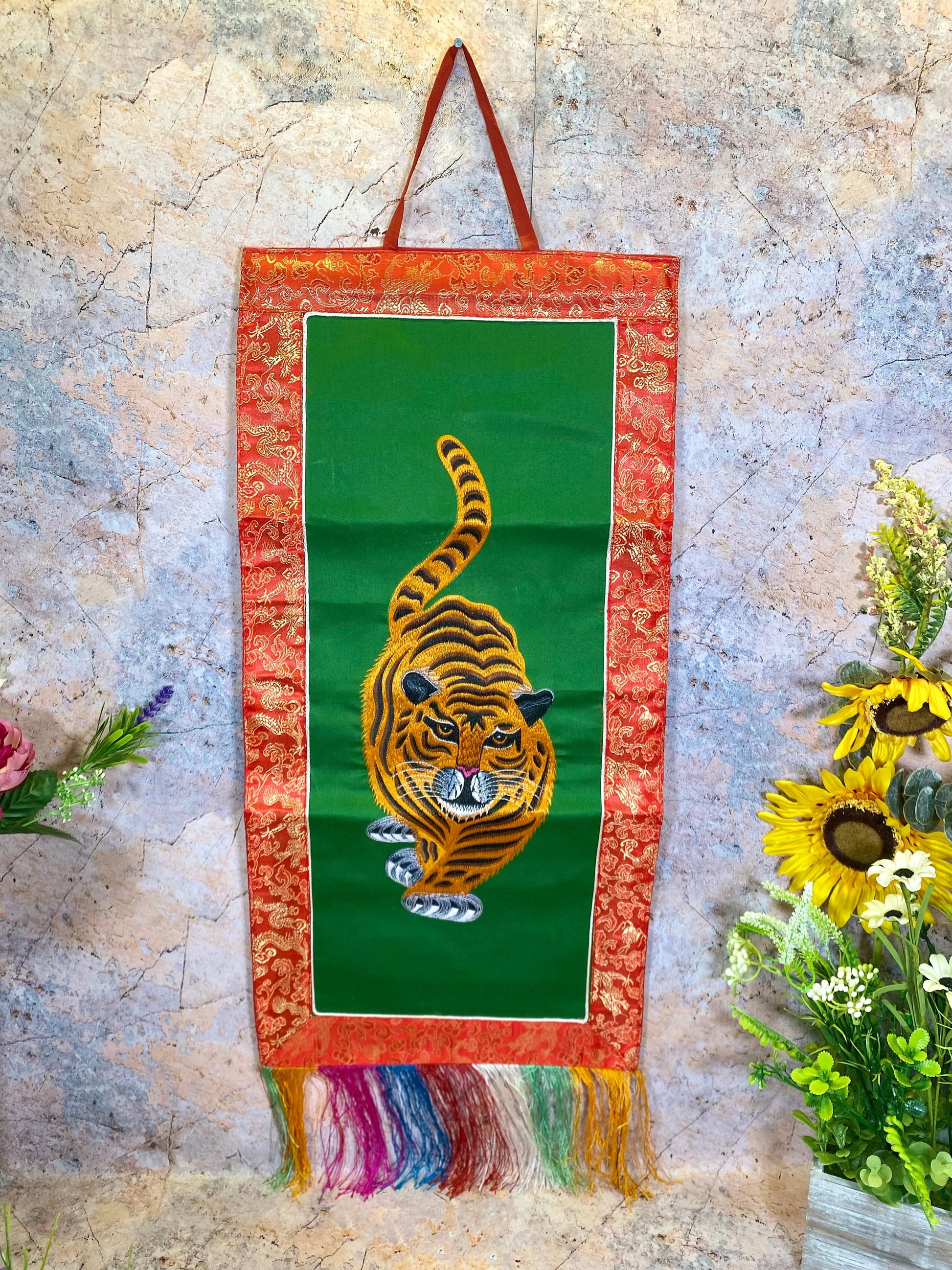 Tibetan Tiger Banner, Embroidered Wall Hanging, Traditional Brocade Silk & Polyester Decor, Spiritual Art Piece, 30x68cm-Osiris Craftworks