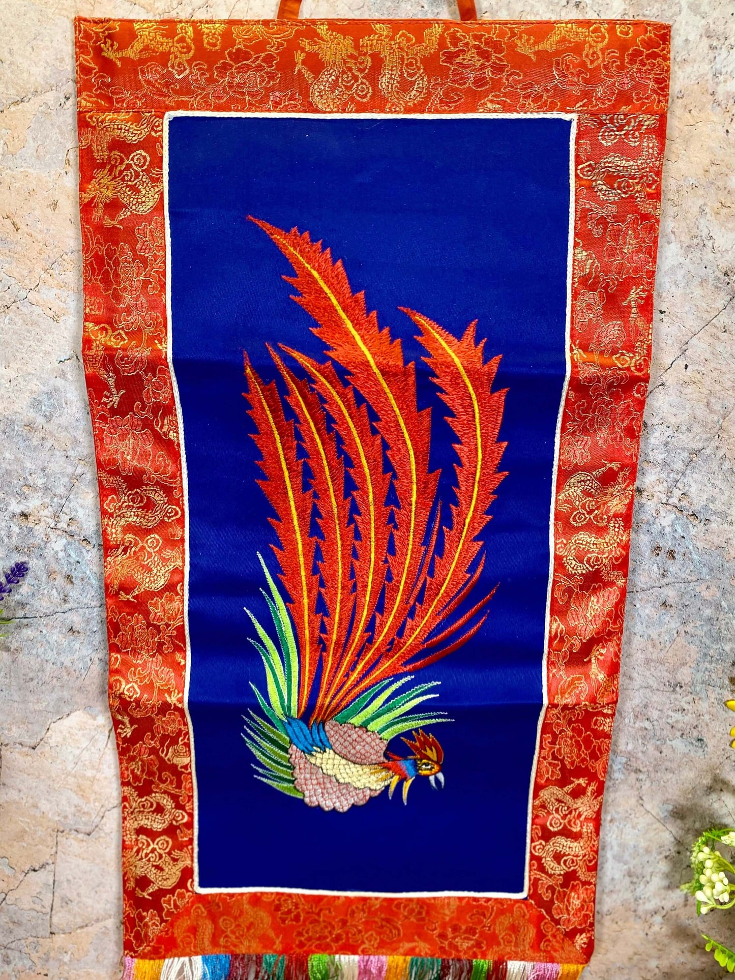 Tibetan Phoenix Banner, Embroidered Wall Decor, Brocade Silk & Polyester Art, Traditional Spiritual Hanging, 31x66cm-Osiris Craftworks