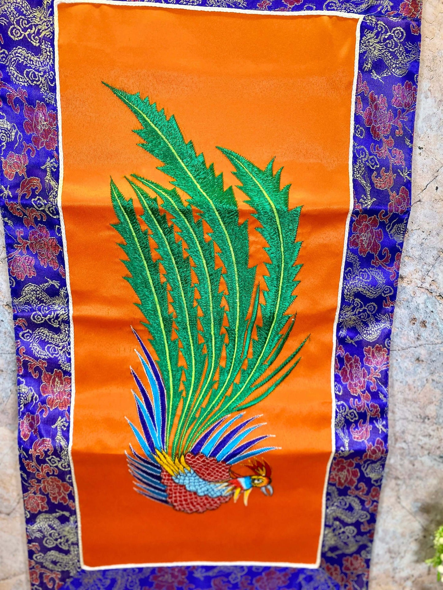 Tibetan Phoenix Banner, Embroidered Wall Decor, Brocade Silk & Polyester Art, Traditional Spiritual Hanging, 31x66cm-Osiris Craftworks