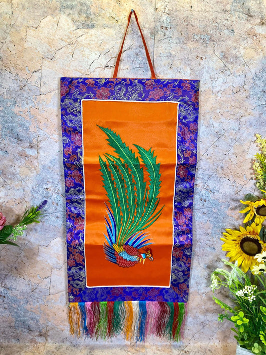 Tibetan Phoenix Banner, Embroidered Wall Decor, Brocade Silk & Polyester Art, Traditional Spiritual Hanging, 31x66cm-Osiris Craftworks