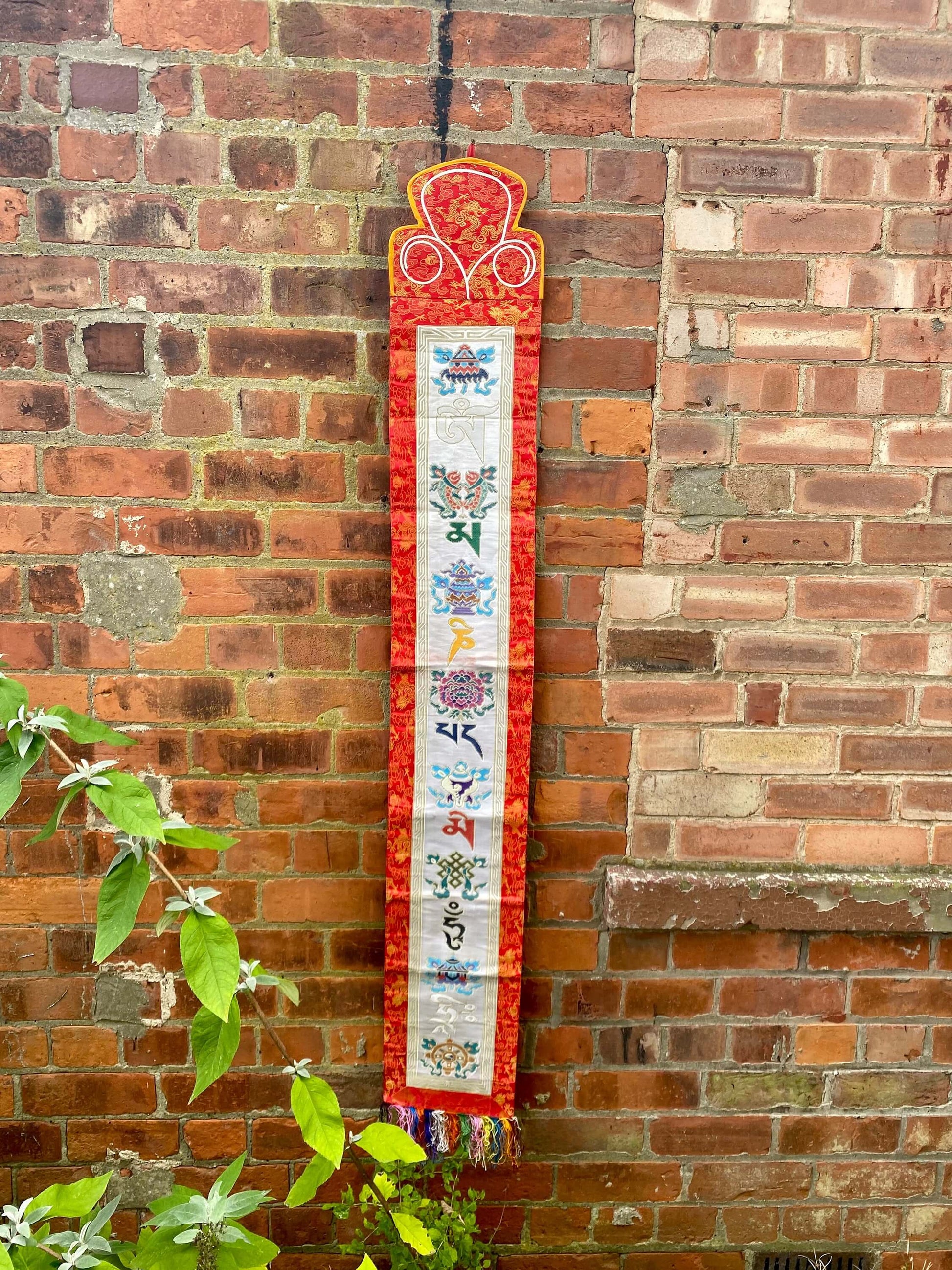 Large Tibetan Buddha Banner, Om Mani Brocade Embroidery, Silk Altar Decoration, Spiritual Wall Hanger, Handmade, 160x24cm-Osiris Craftworks