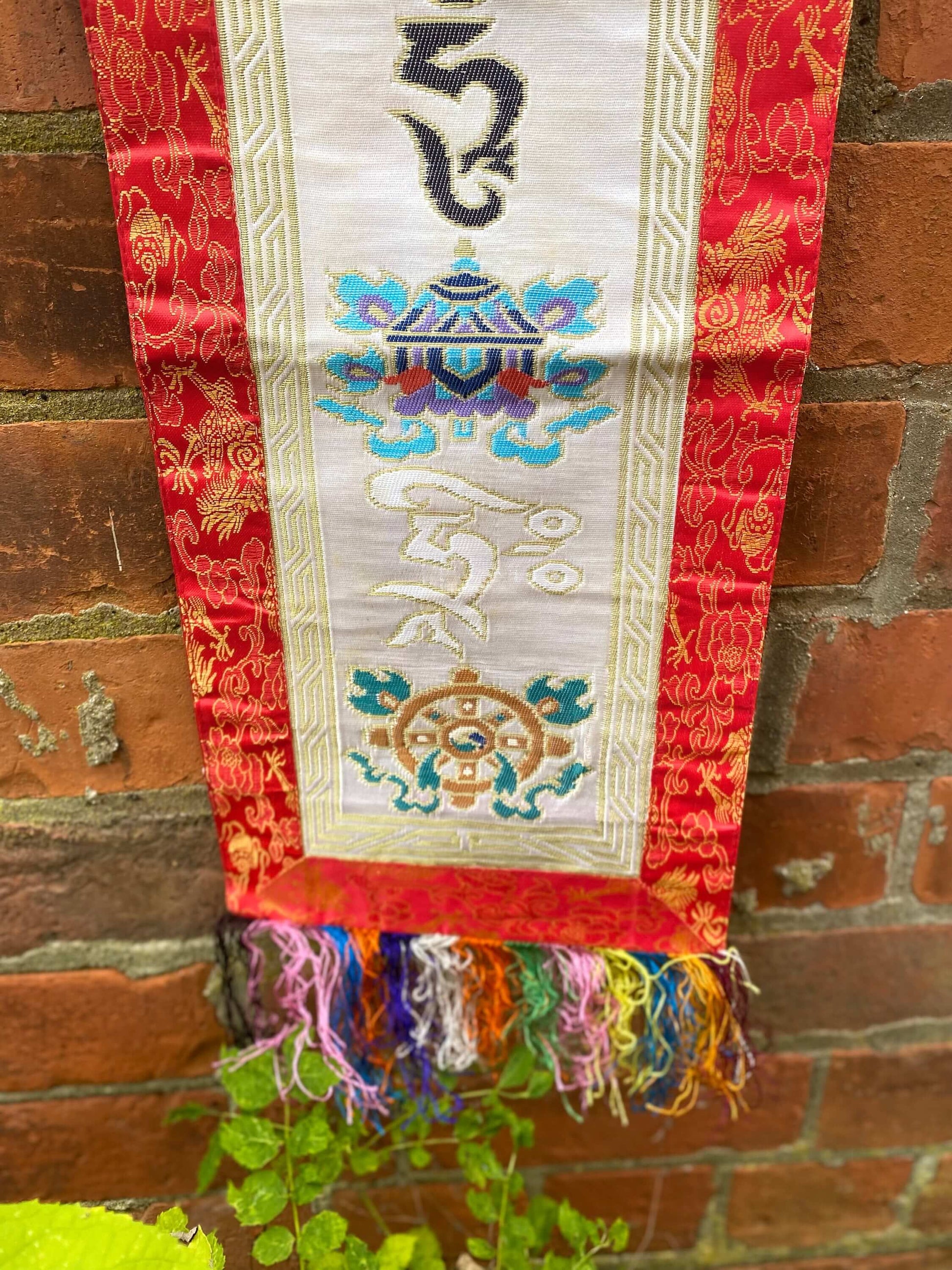 Large Tibetan Buddha Banner, Om Mani Brocade Embroidery, Silk Altar Decoration, Spiritual Wall Hanger, Handmade, 160x24cm-Osiris Craftworks