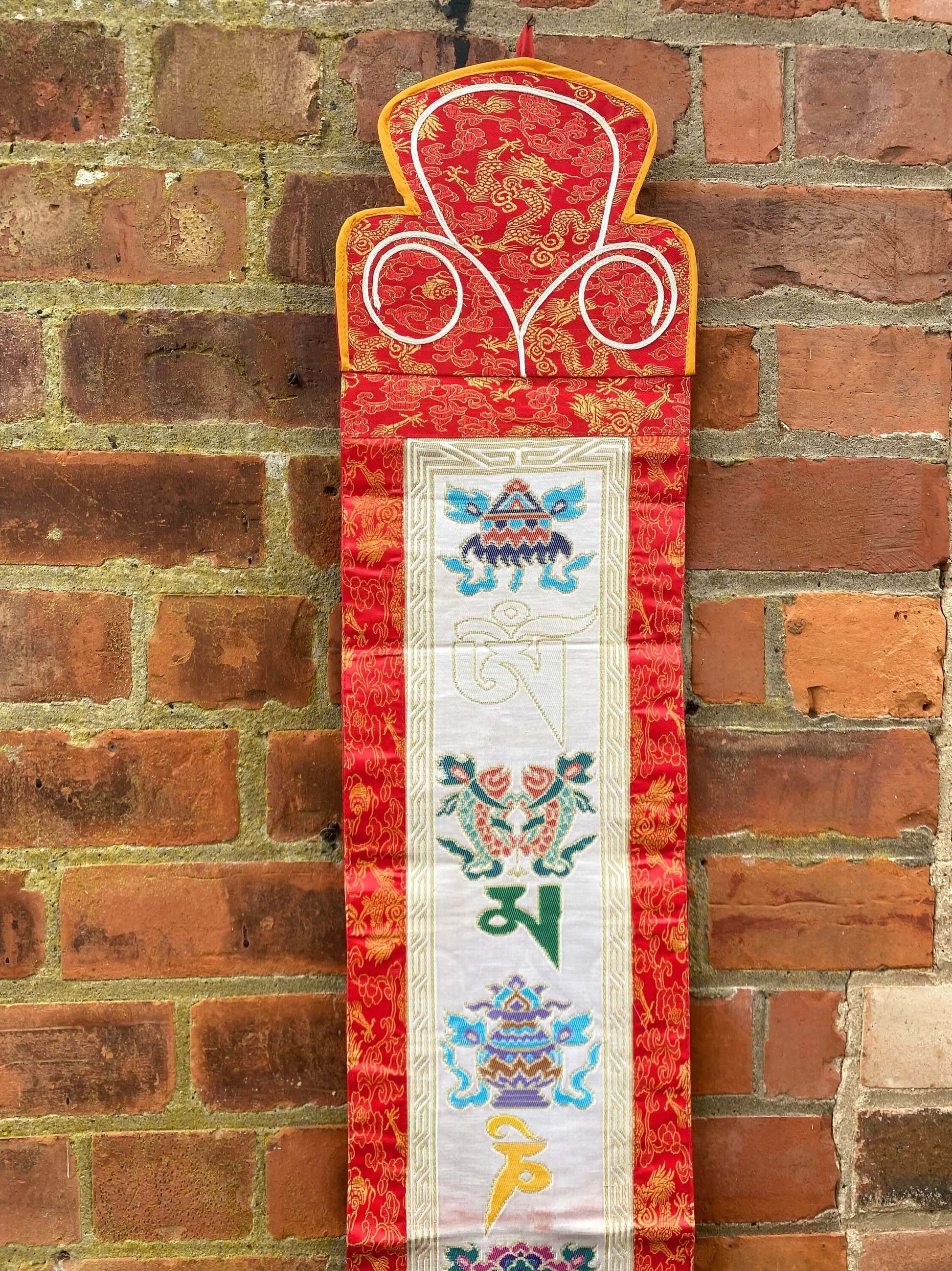 Large Tibetan Buddha Banner, Om Mani Brocade Embroidery, Silk Altar Decoration, Spiritual Wall Hanger, Handmade, 160x24cm-Osiris Craftworks