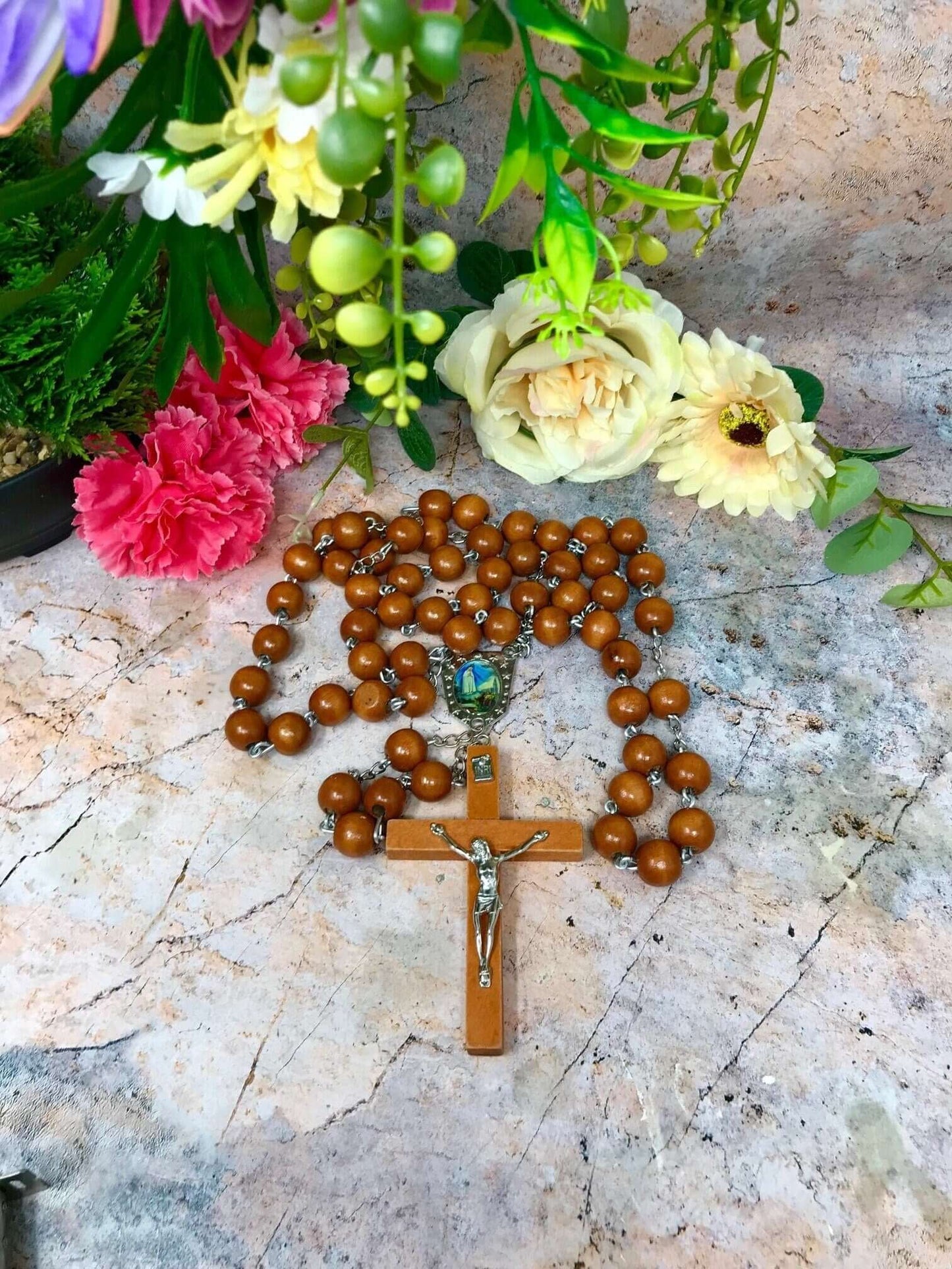 Large Catholic Wooden Rosary Beads Our Lady of Fatima Jesus Christ Cross Crucifix Religious Gift-Osiris Craftworks